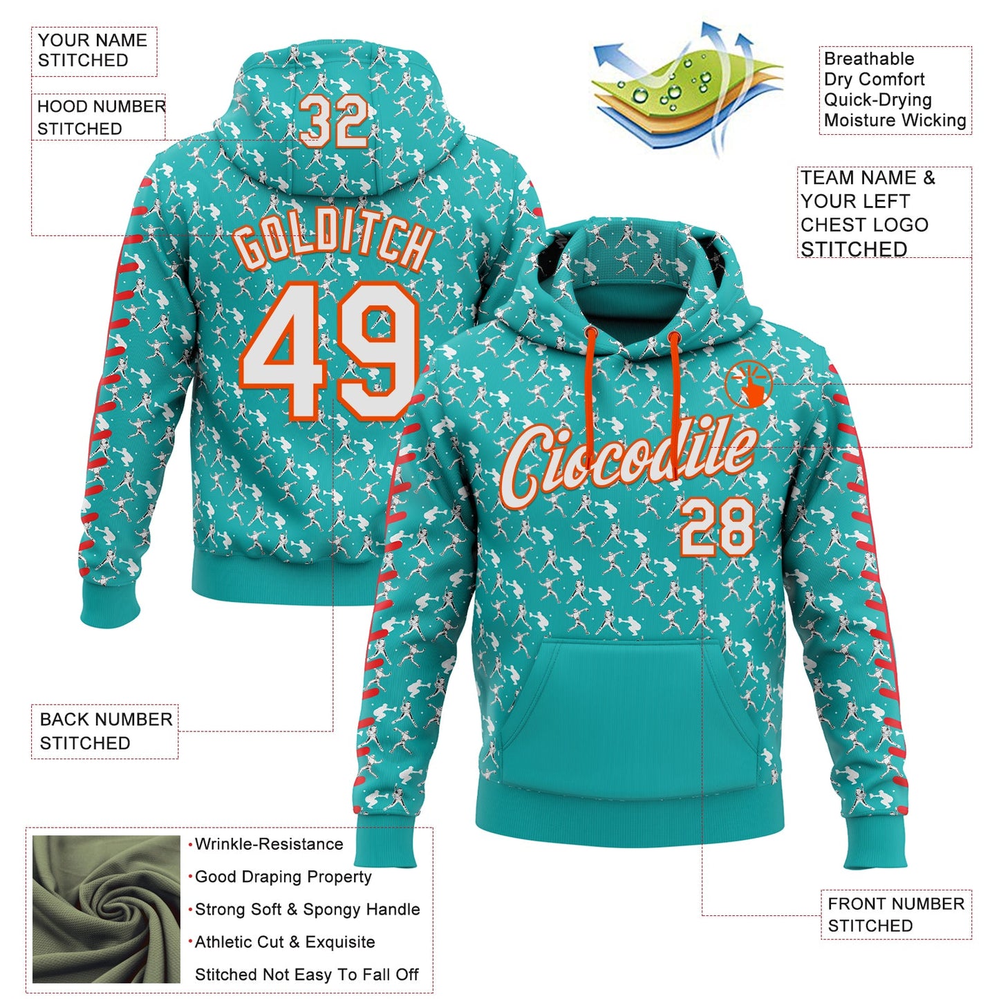 Custom Stitched Aqua White Red-Orange Baseball Game Day Miami Inspired Sports Pullover Sweatshirt Hoodie view 4