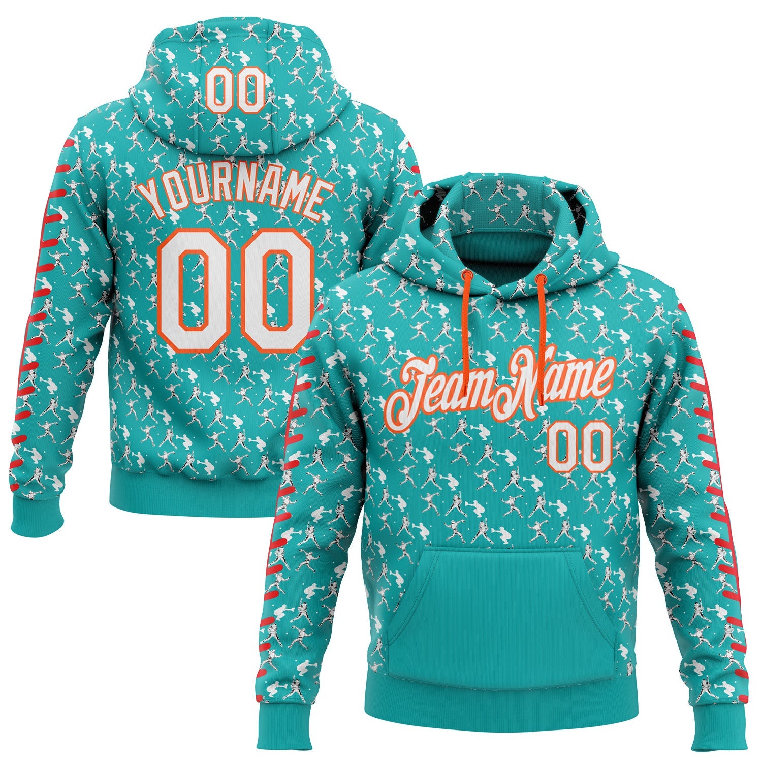 Custom Stitched Aqua White Red-Orange Baseball Game Day Miami Inspired Sports Pullover Sweatshirt Hoodie - Main View
