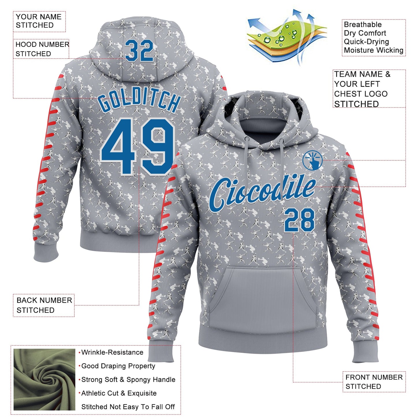 Custom Stitched Gray Blue Red-White Baseball Game Day Detroit Inspired Sports Pullover Sweatshirt Hoodie view 4