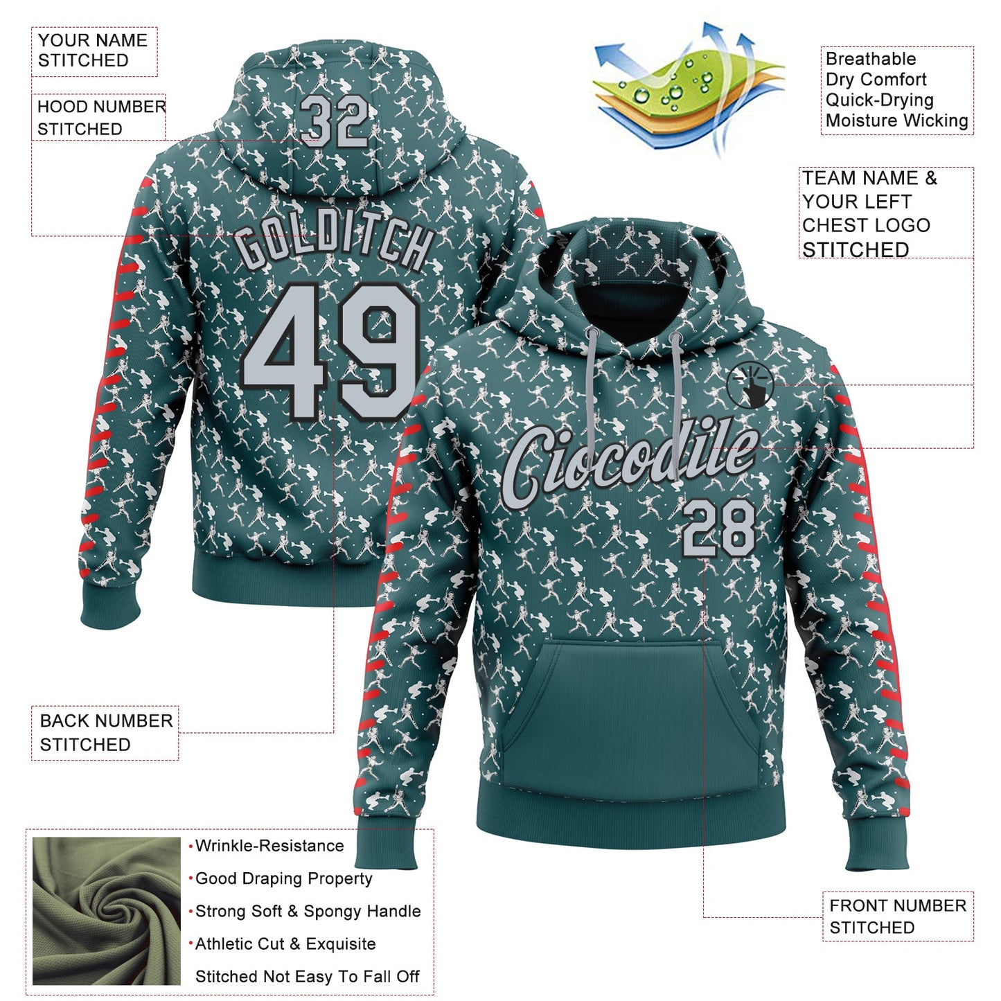 Custom Stitched Midnight Green Silver Red Black-White Baseball Game Day Philadelphia Inspired Sports Pullover Sweatshirt Hoodie view 4