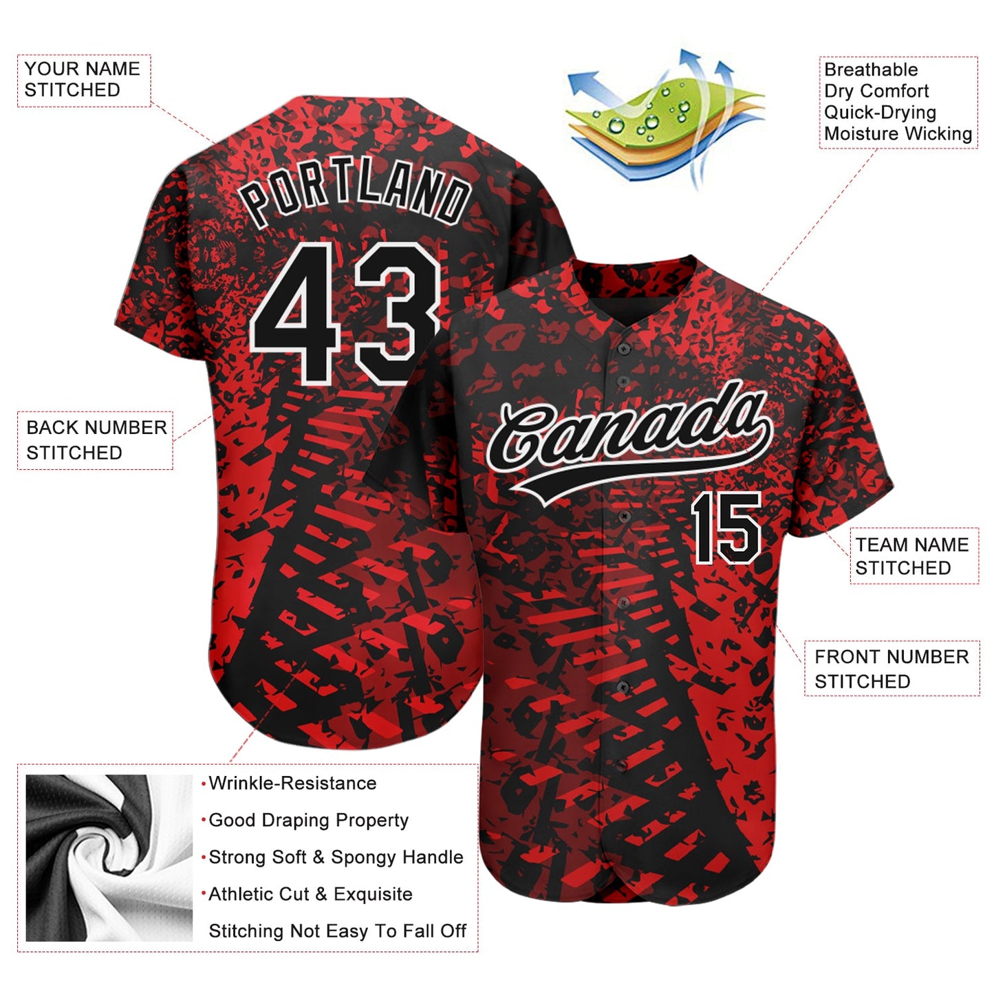 Custom Red Black-White 3D Pattern Design Authentic Baseball Jersey view 3