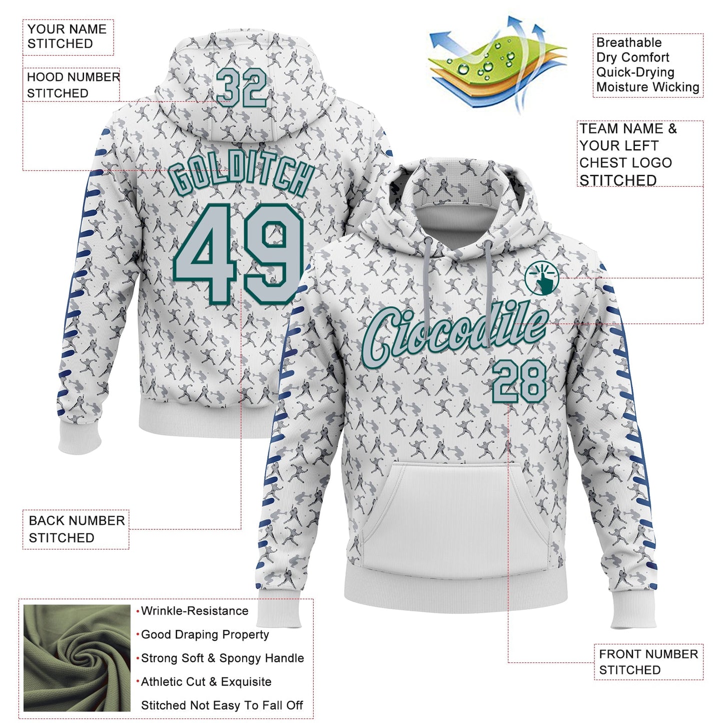 Custom Stitched White Silver Gray Blue-Midnight Green Baseball Game Day Seattle Inspired Sports Pullover Sweatshirt Hoodie view 4