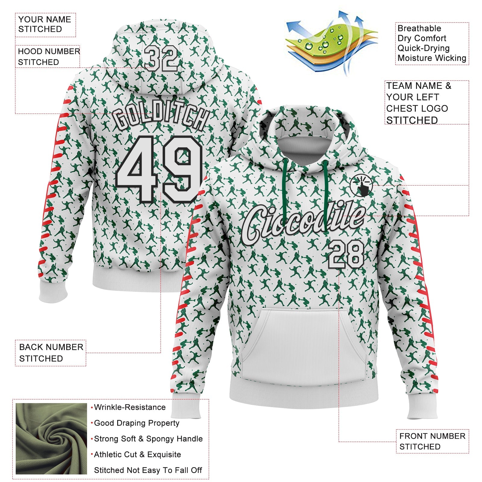 Custom Stitched White Kelly Green Red-Black Baseball Game Day New York Inspired Sports Pullover Sweatshirt Hoodie view 4