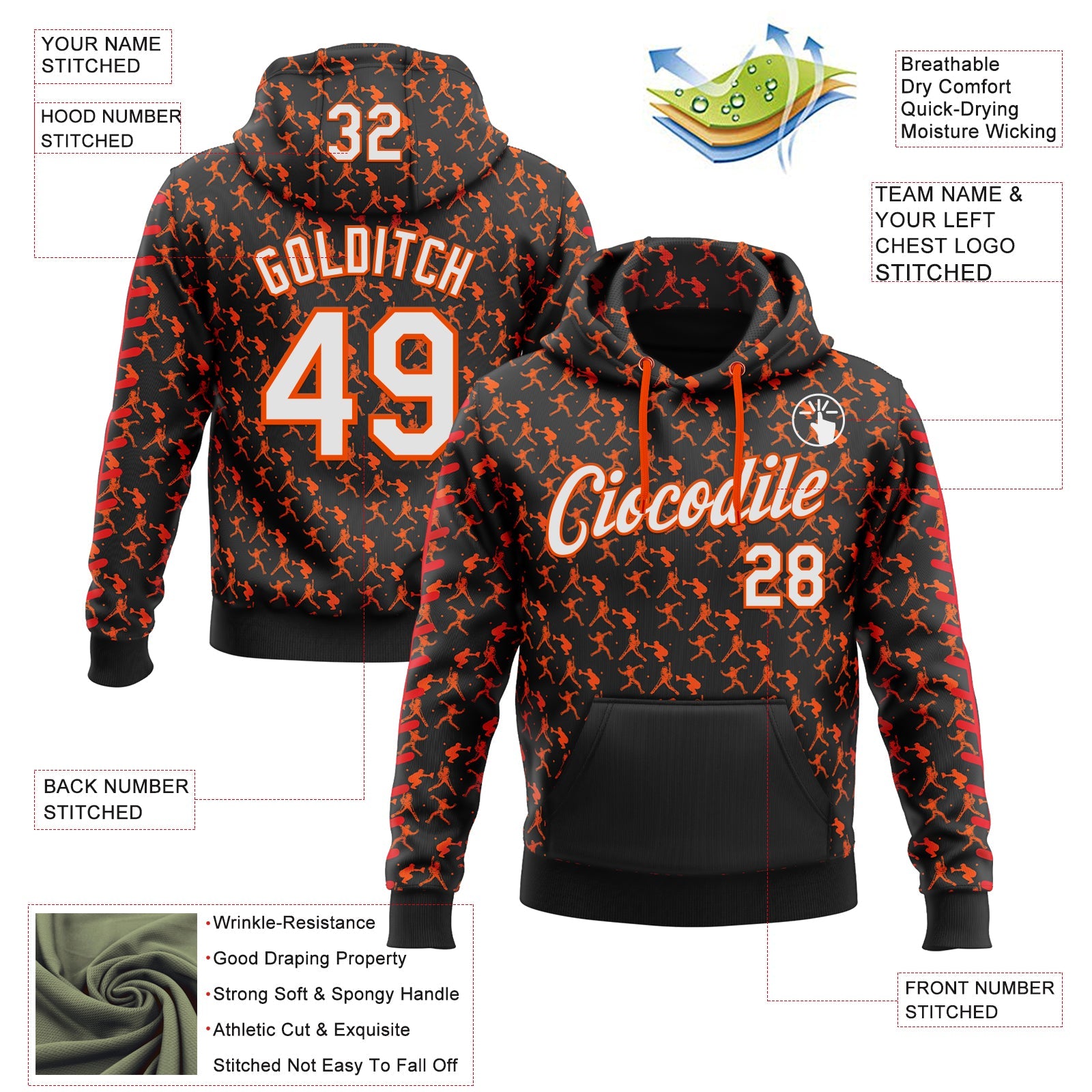 Custom Stitched Black White Orange-Red Baseball Game Day Cincinnati Inspired Sports Pullover Sweatshirt Hoodie view 4