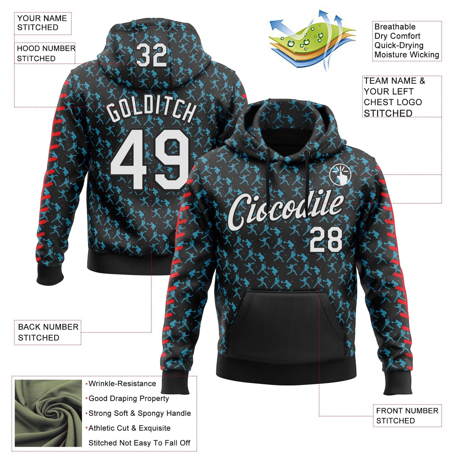 Custom Stitched Black White Panther Blue-Red Baseball Game Day Carolina Inspired Sports Pullover Sweatshirt Hoodie view 4