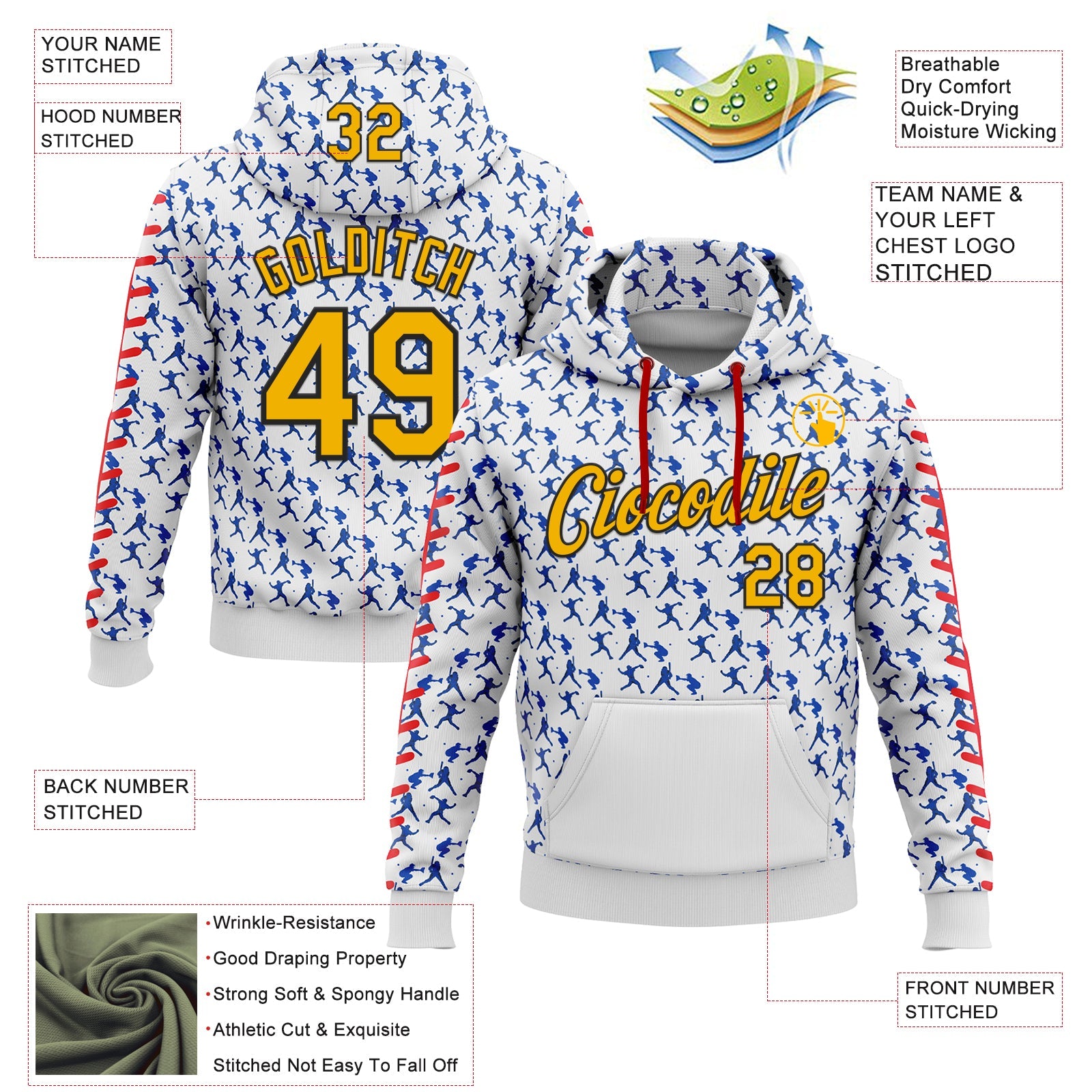 Custom Stitched White Gold Thunder Blue Red-Black Baseball Game Day Los Angeles Inspired Sports Pullover Sweatshirt Hoodie view 4