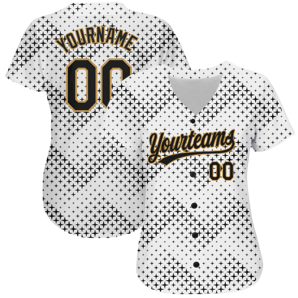 Custom White Black-Old Gold 3D Pattern Design Authentic Baseball Jersey view 2