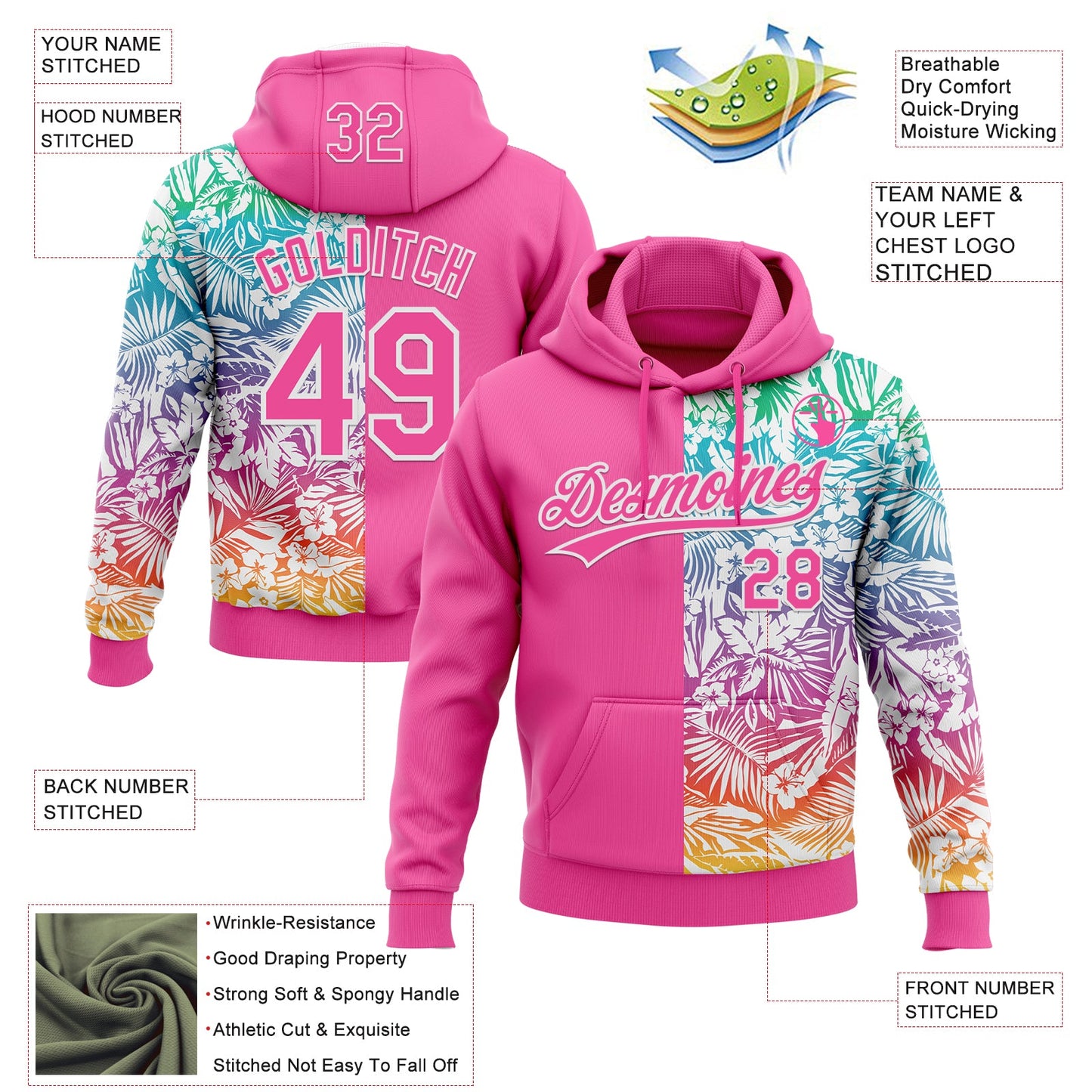Custom Stitched Pink White Tropical Hawaii Palm Leaves Sports Pullover Sweatshirt Hoodie view 4