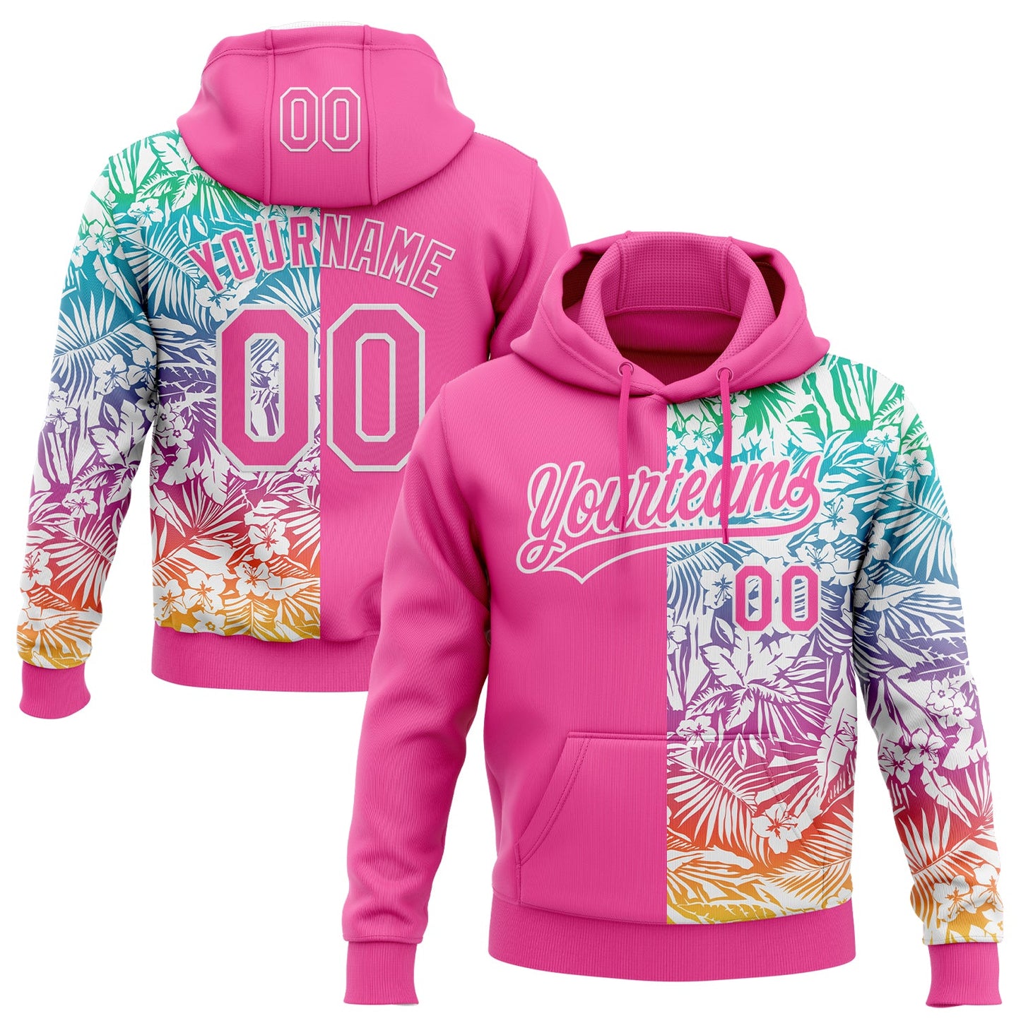 Custom Stitched Pink White Tropical Hawaii Palm Leaves Sports Pullover Sweatshirt Hoodie - Main View