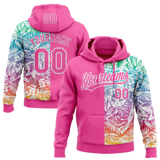 Custom Stitched Pink White Tropical Hawaii Palm Leaves Sports Pullover Sweatshirt Hoodie - Main View