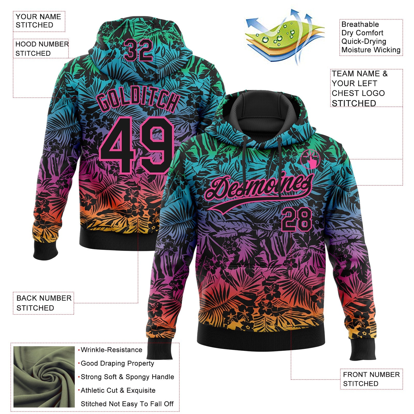 Custom Stitched Black Pink Tropical Hawaii Palm Leaves Sports Pullover Sweatshirt Hoodie view 4
