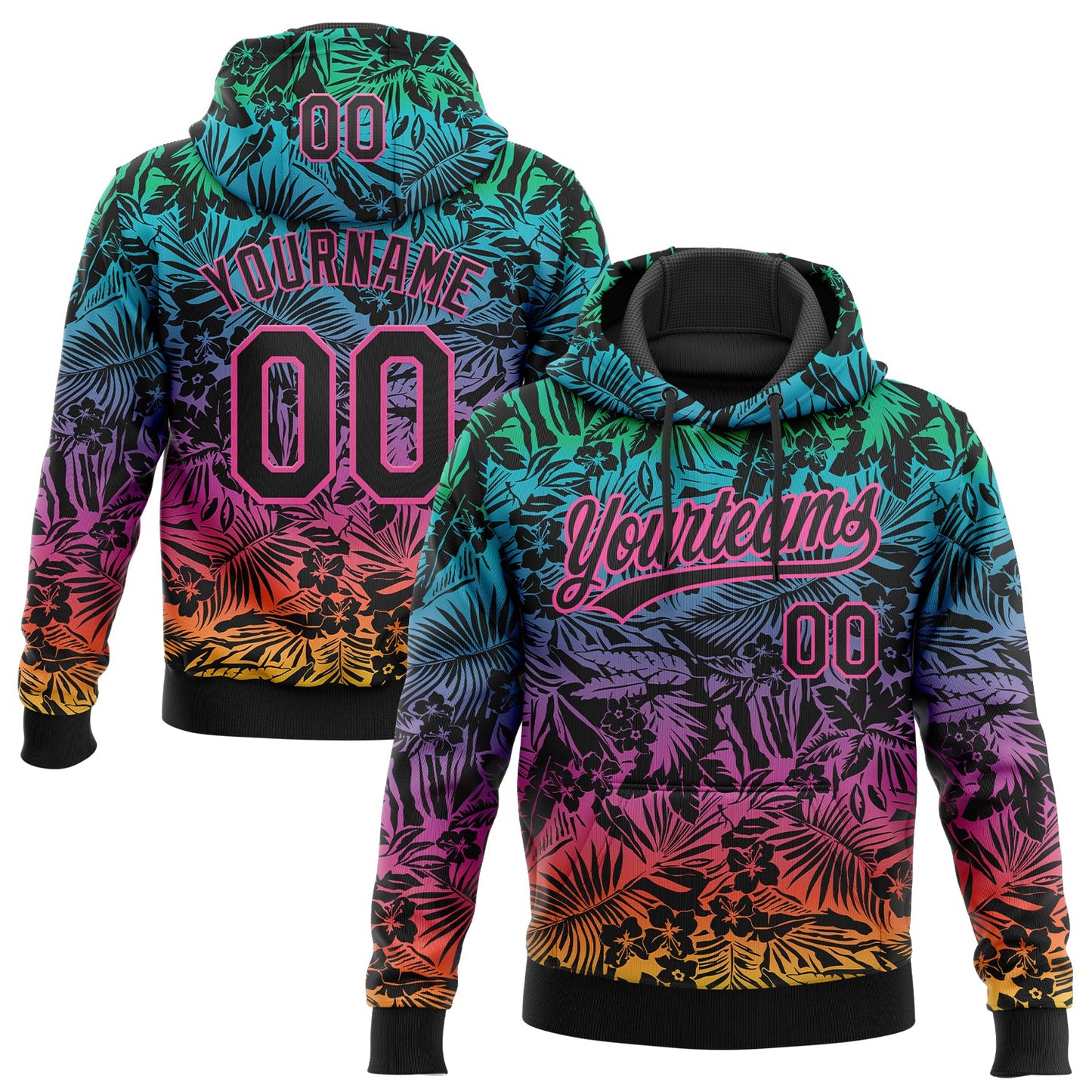 Custom Stitched Black Pink Tropical Hawaii Palm Leaves Sports Pullover Sweatshirt Hoodie - Main View