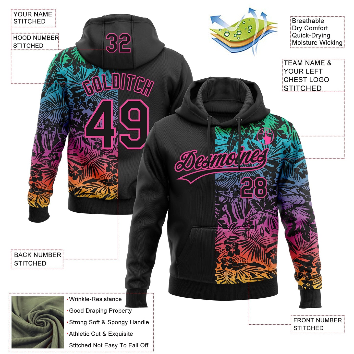 Custom Stitched Black Pink Tropical Hawaii Palm Leaves Sports Pullover Sweatshirt Hoodie view 4