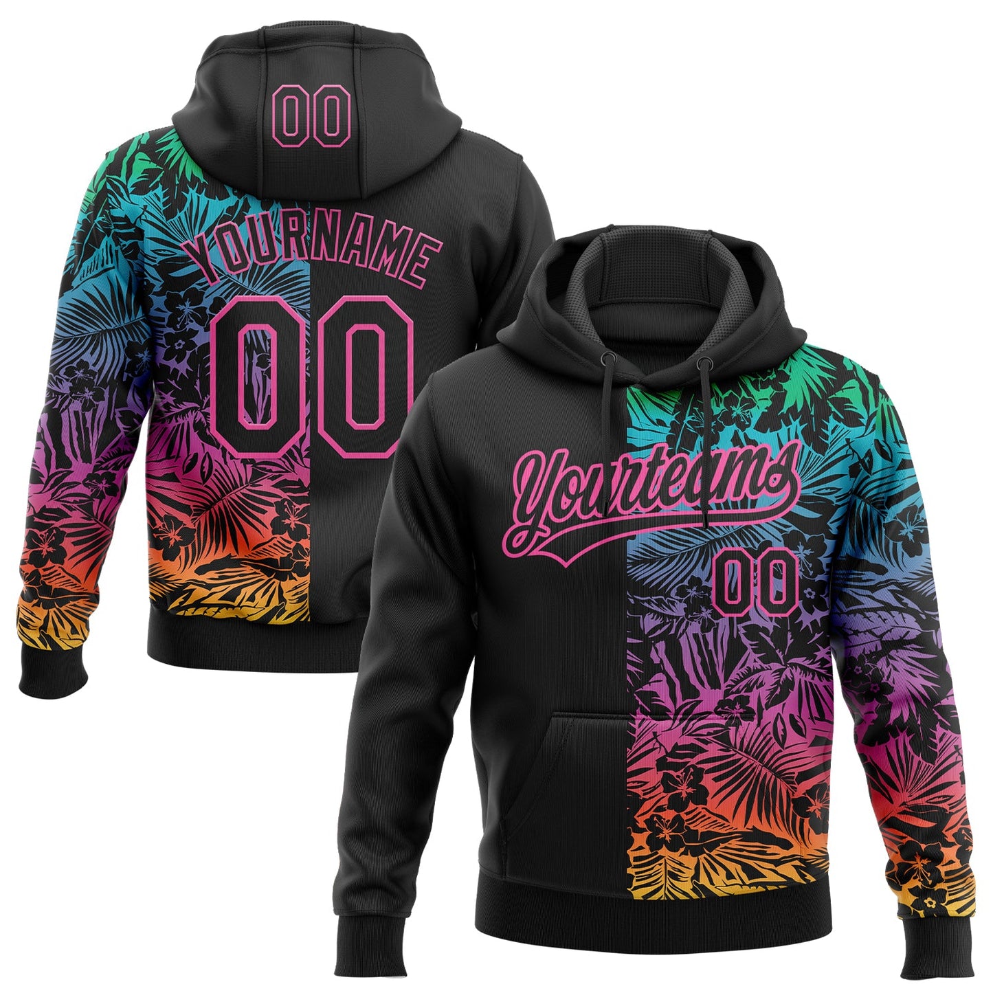 Custom Stitched Black Pink Tropical Hawaii Palm Leaves Sports Pullover Sweatshirt Hoodie - Main View