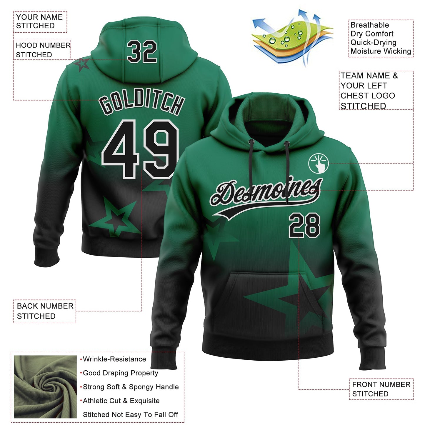 Custom Stitched Kelly Green Black-White Gradient Style Twinkle Star Sports Pullover Sweatshirt Hoodie view 4