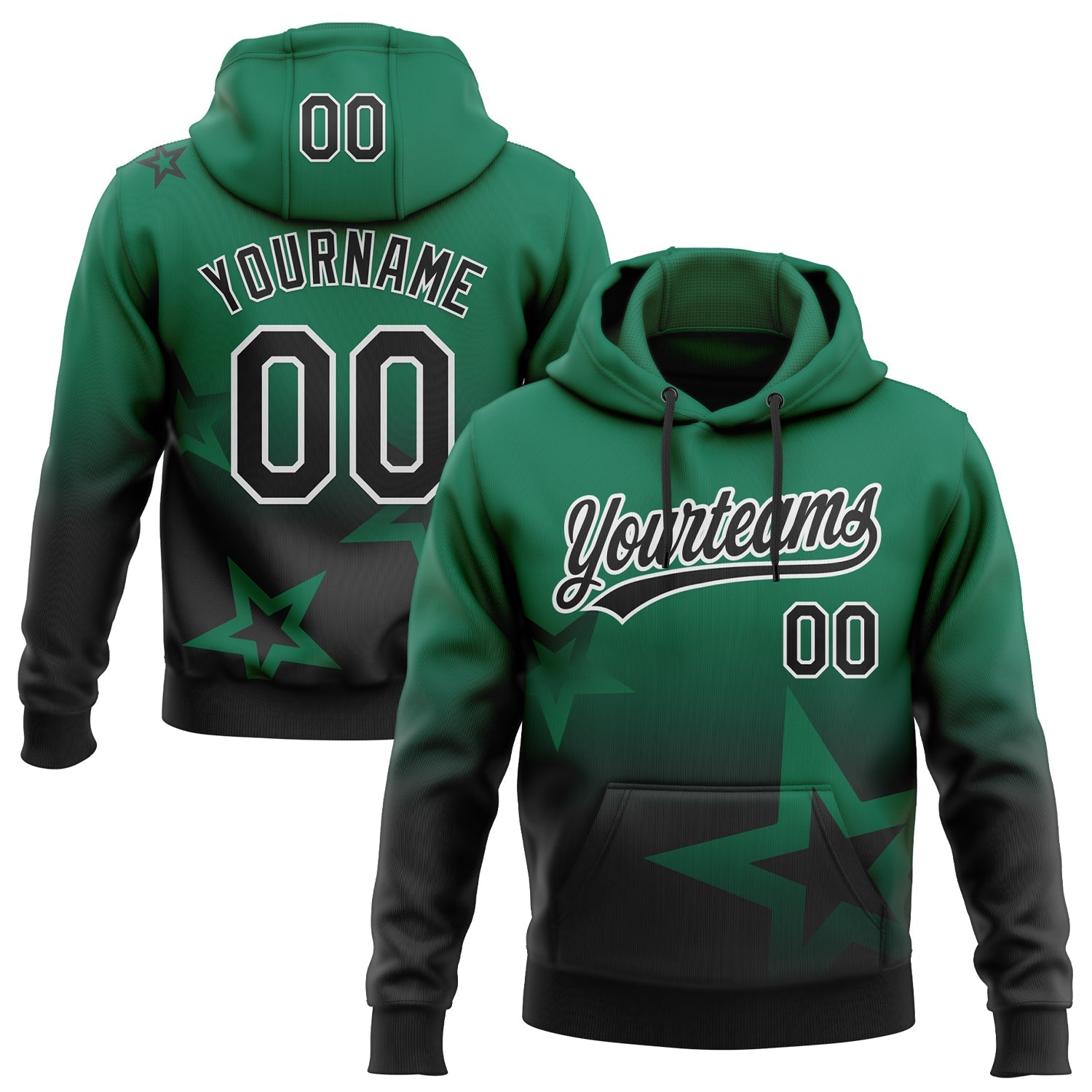 Custom Stitched Kelly Green Black-White Gradient Style Twinkle Star Sports Pullover Sweatshirt Hoodie - Main View