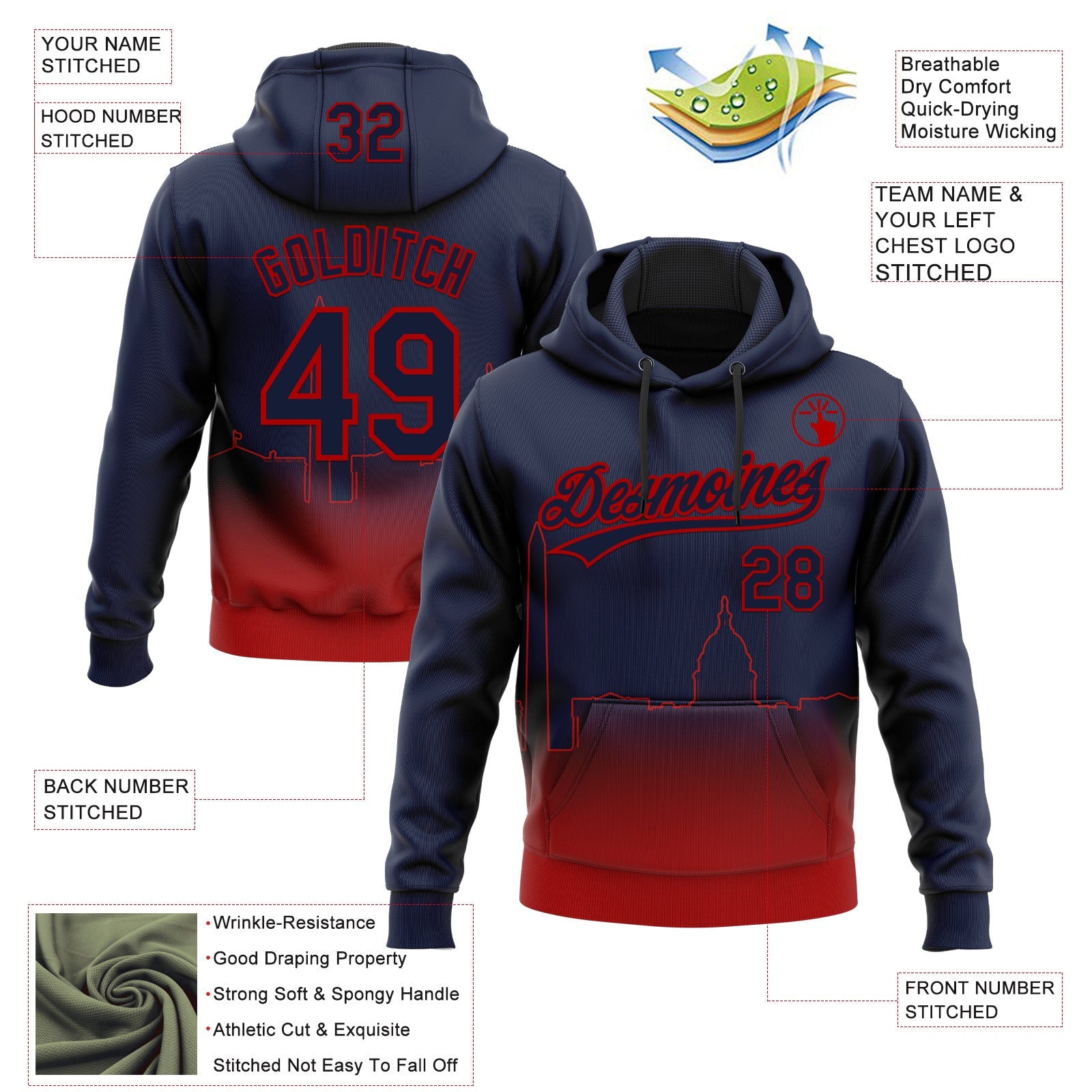 Custom Stitched Navy Red Gradient Fashion Washington City Edition Sports Pullover Sweatshirt Hoodie view 4