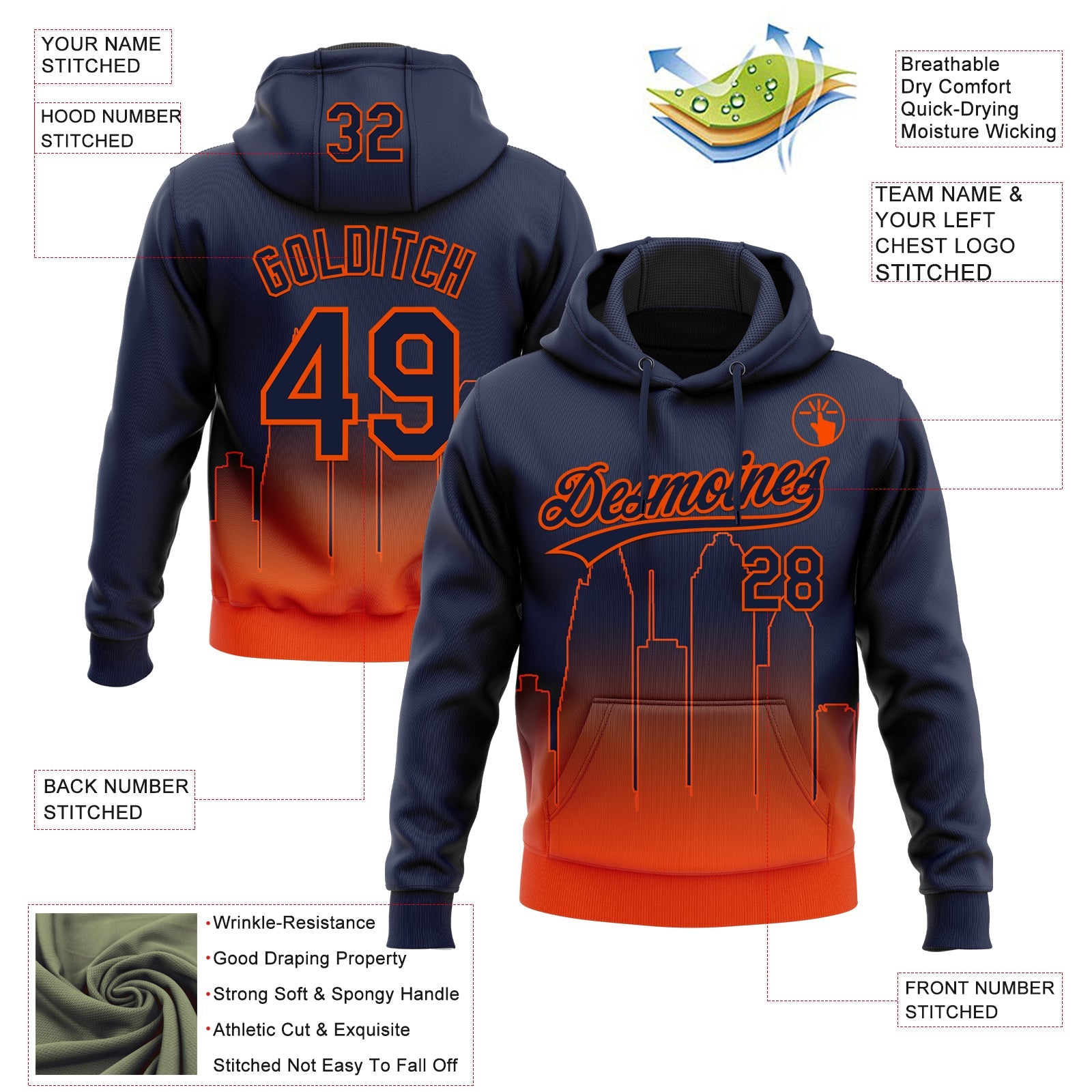Custom Stitched Navy Orange Gradient Fashion Houston City Edition Sports Pullover Sweatshirt Hoodie view 4