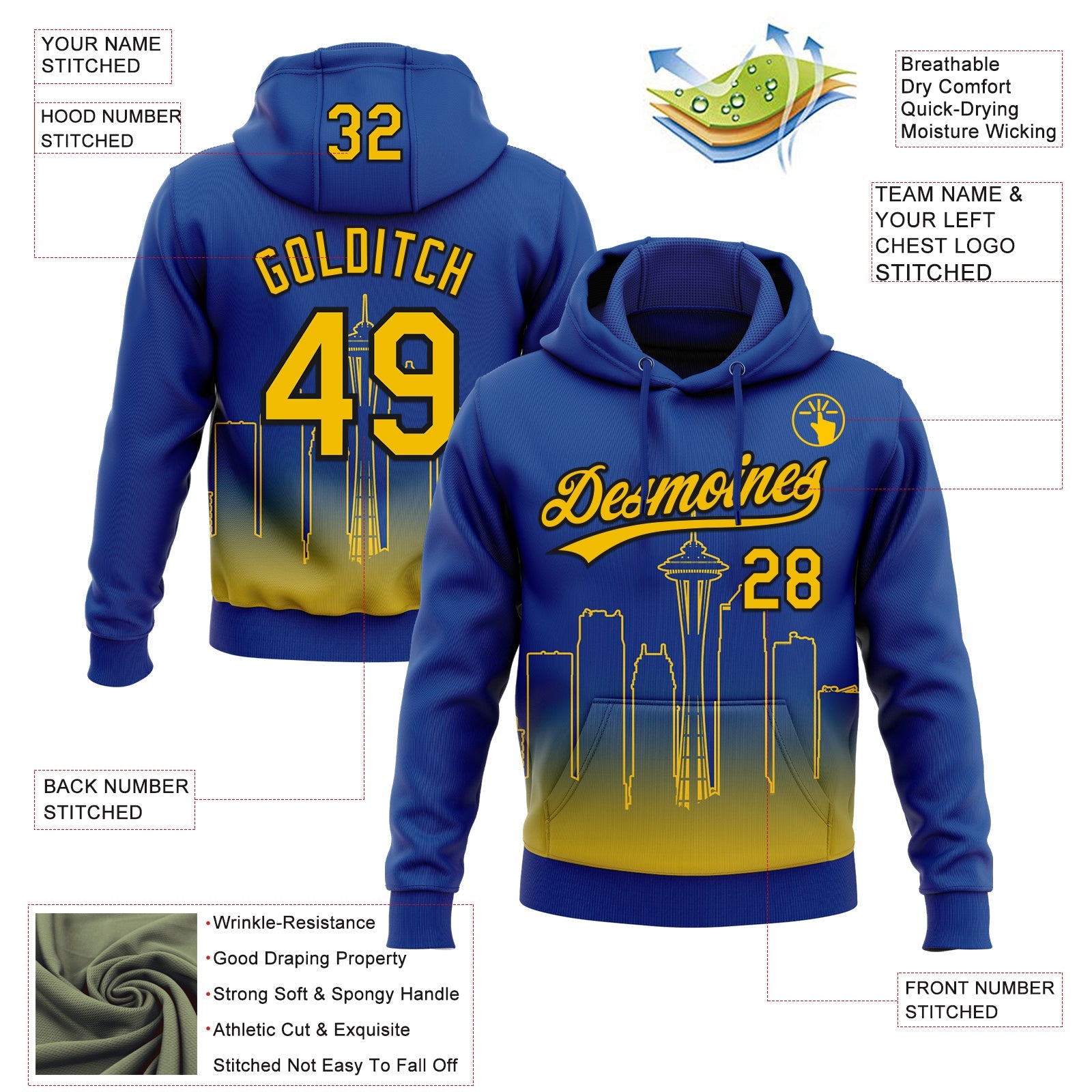Custom Stitched Royal Yellow-Black Gradient Fashion Seattle City Edition Sports Pullover Sweatshirt Hoodie view 4