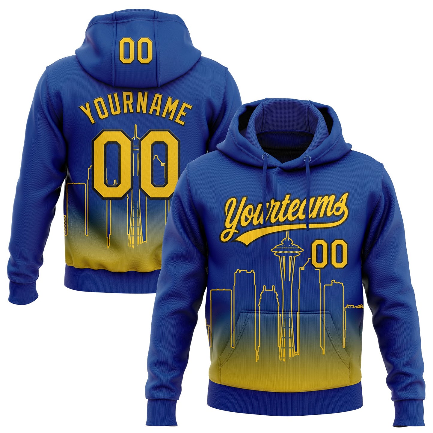 Custom Stitched Royal Yellow-Black Gradient Fashion Seattle City Edition Sports Pullover Sweatshirt Hoodie - Main View