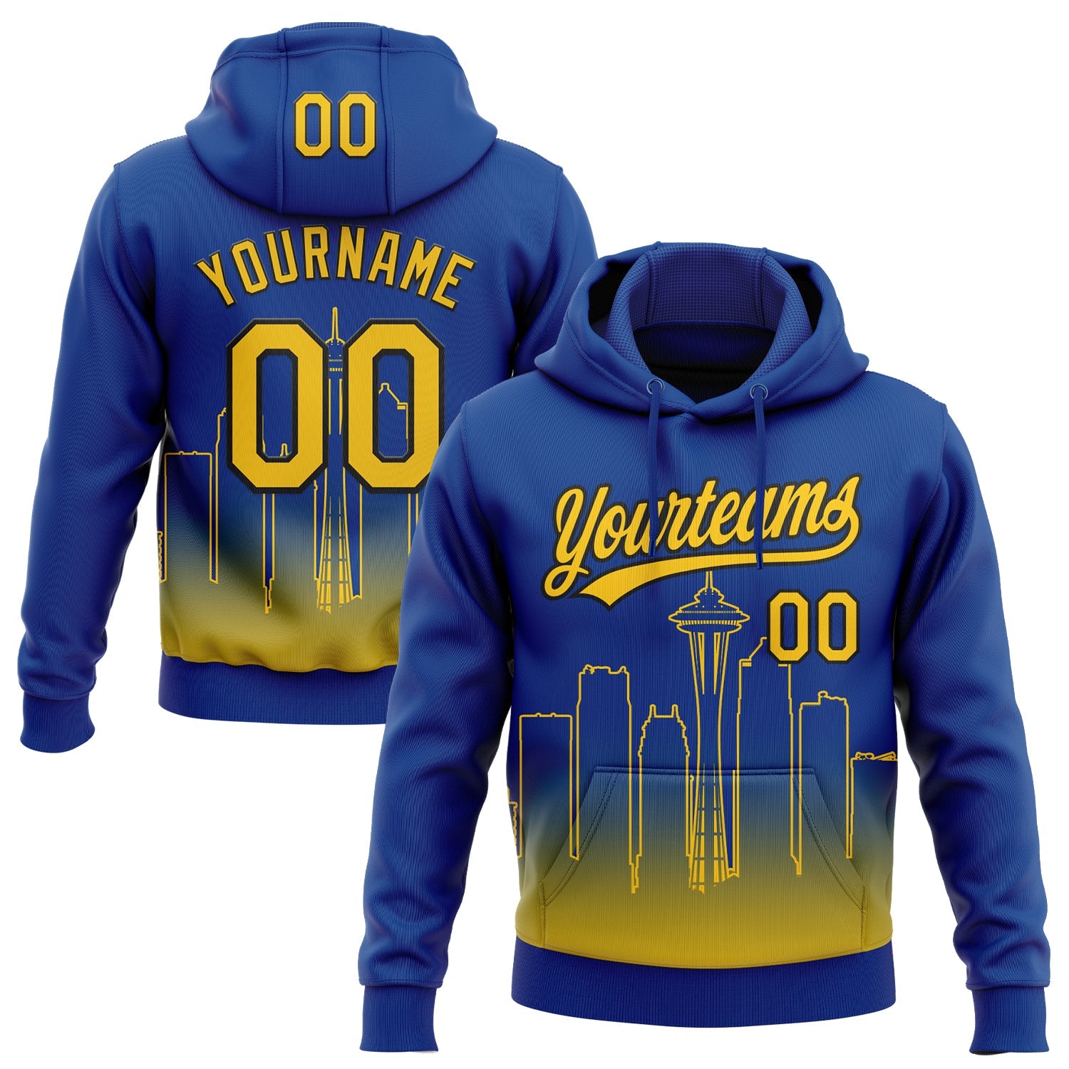 Custom Stitched Royal Yellow-Black Gradient Fashion Seattle City Edition Sports Pullover Sweatshirt Hoodie - Main View