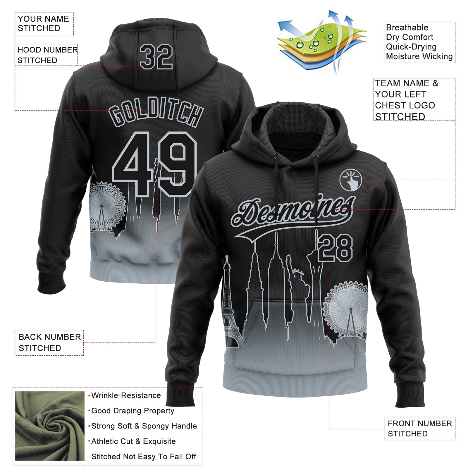 Custom Stitched Black Silver Gradient Fashion Las Vegas City Edition Sports Pullover Sweatshirt Hoodie view 4
