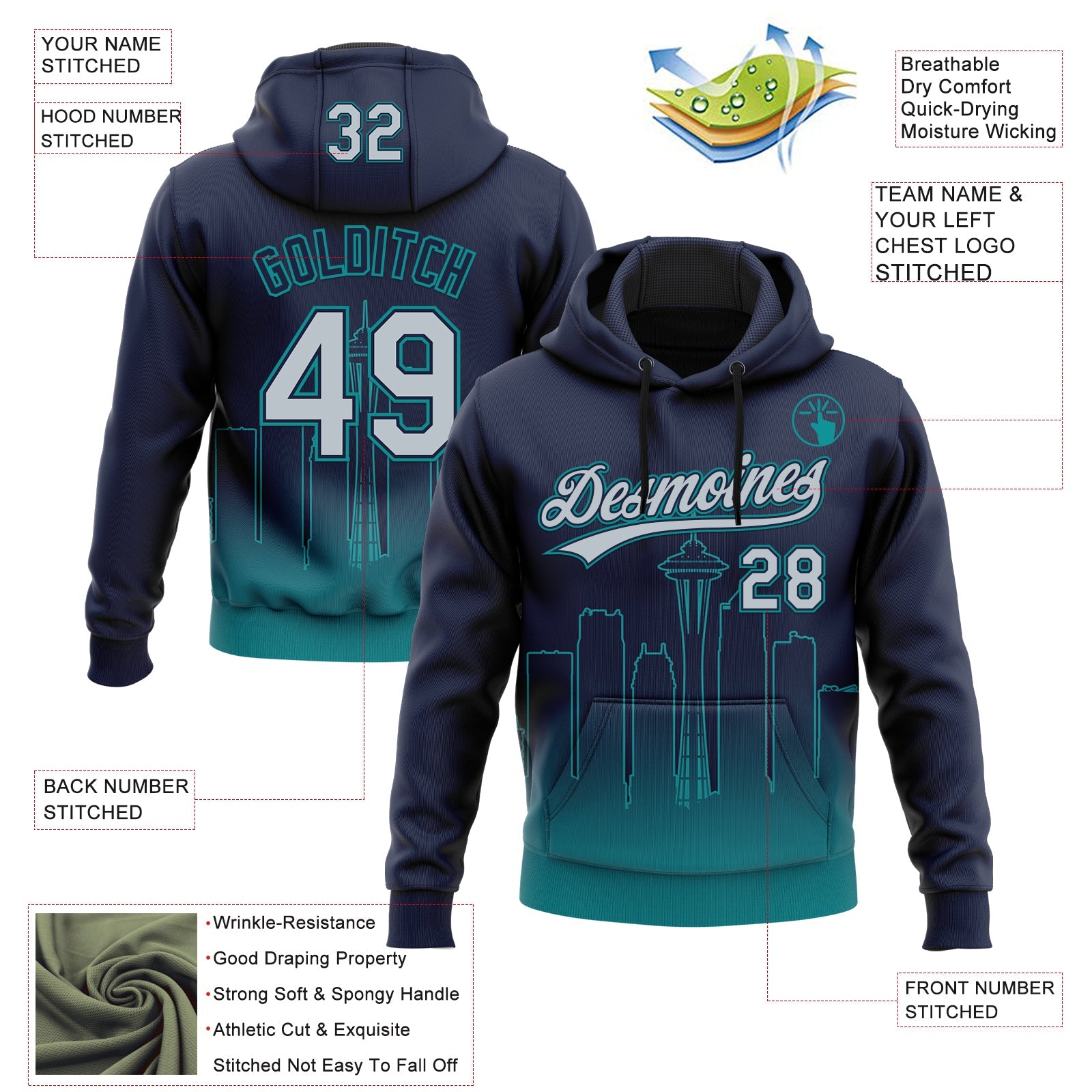 Custom Stitched Navy Gray-Teal Gradient Fashion Seattle City Edition Sports Pullover Sweatshirt Hoodie view 4