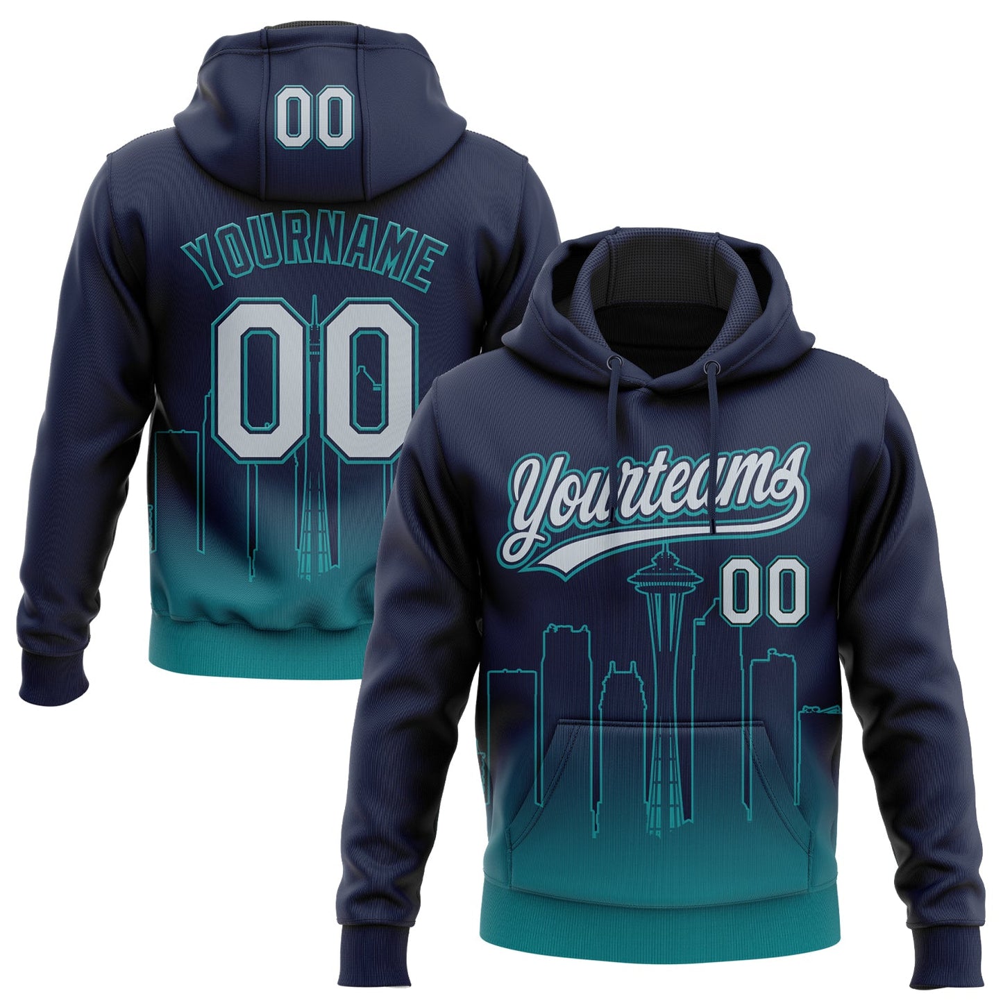 Custom Stitched Navy Gray-Teal Gradient Fashion Seattle City Edition Sports Pullover Sweatshirt Hoodie - Main View