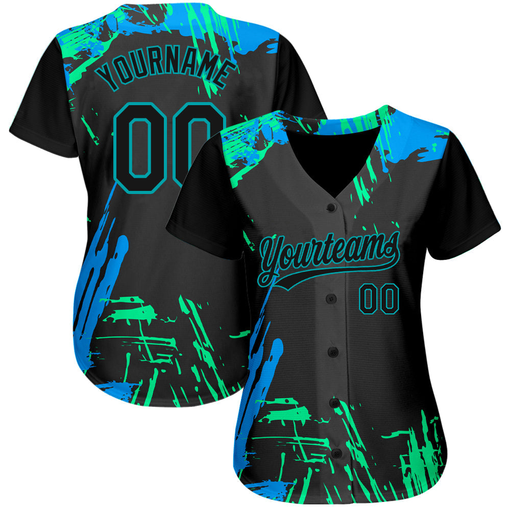 Custom Black Black Teal-Light Blue 3D Pattern Design Authentic Baseball Jersey view 2