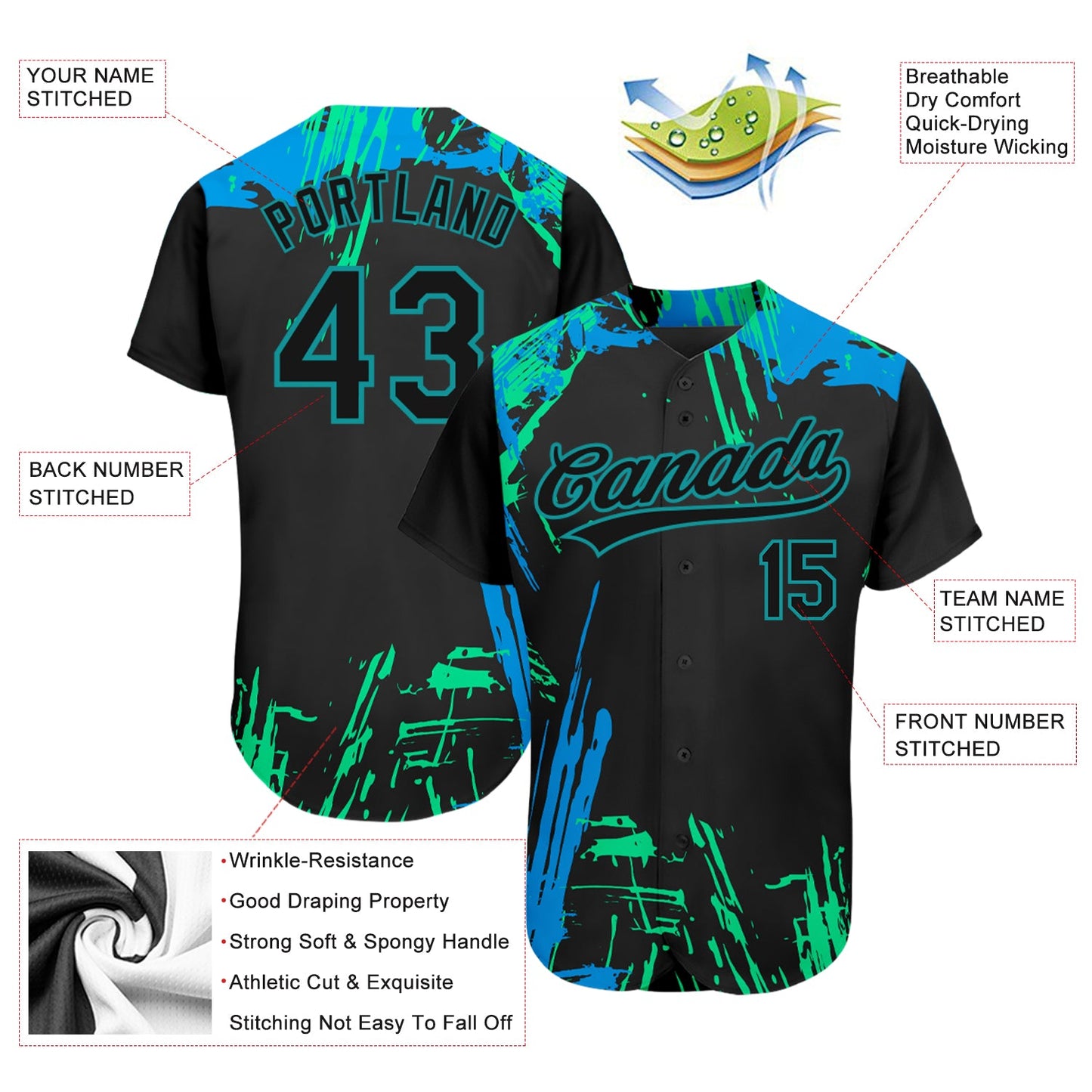Custom Black Black Teal-Light Blue 3D Pattern Design Authentic Baseball Jersey view 3
