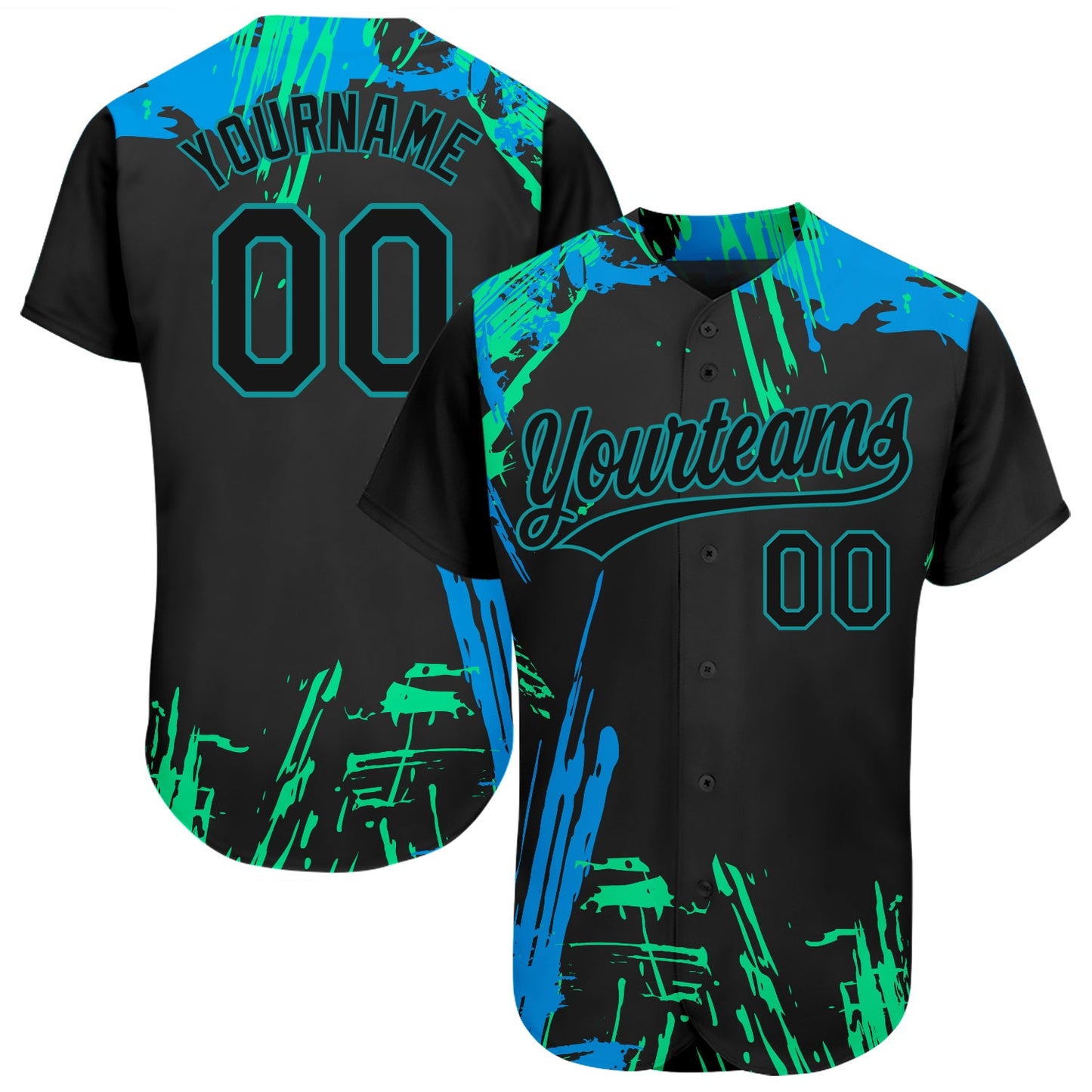 Custom Black Black Teal-Light Blue 3D Pattern Design Authentic Baseball Jersey - Main View