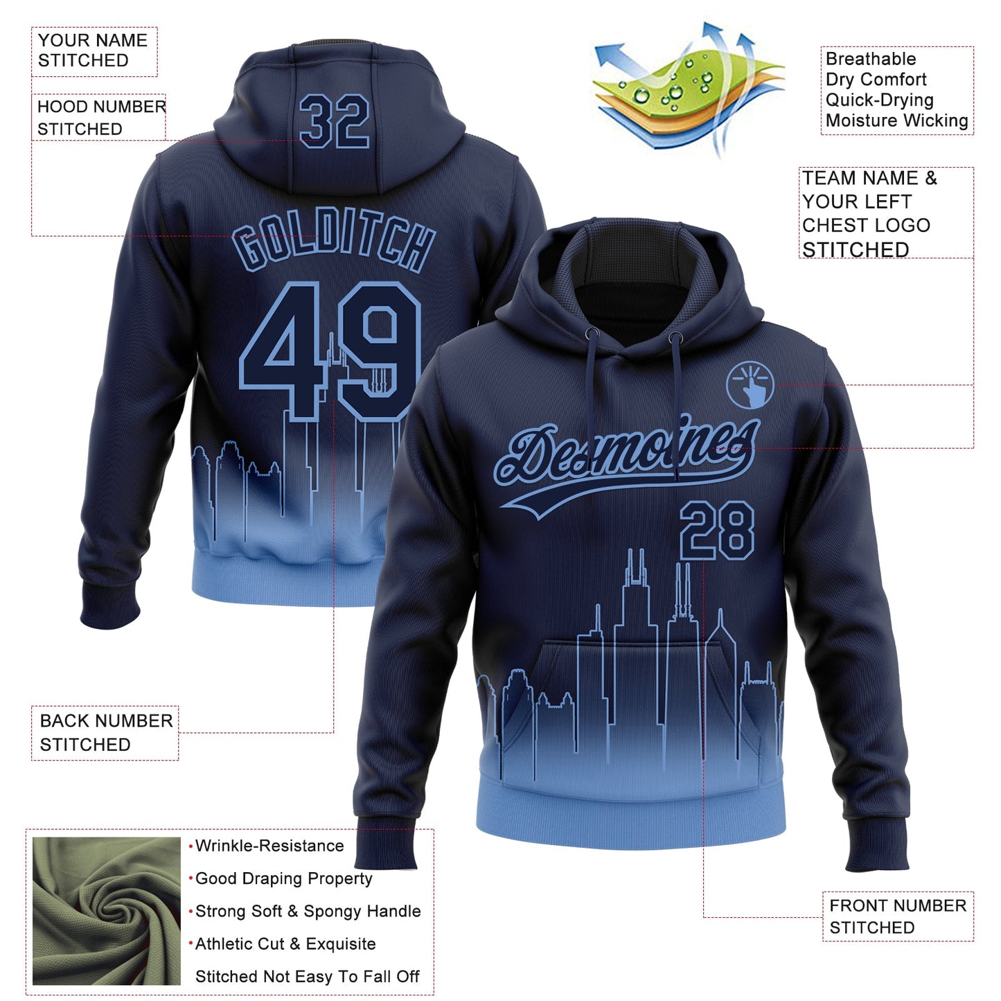 Custom Stitched Navy Light Blue Gradient Fashion Chicago City Edition Sports Pullover Sweatshirt Hoodie view 4