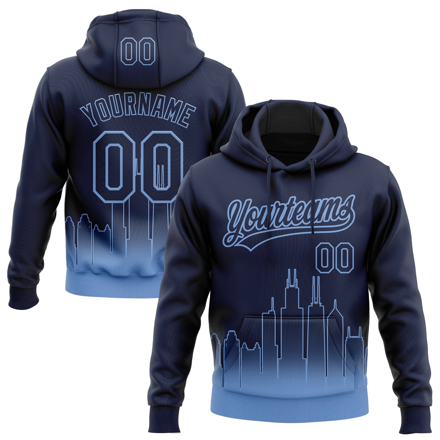 Custom Stitched Navy Light Blue Gradient Fashion Chicago City Edition Sports Pullover Sweatshirt Hoodie - Main View