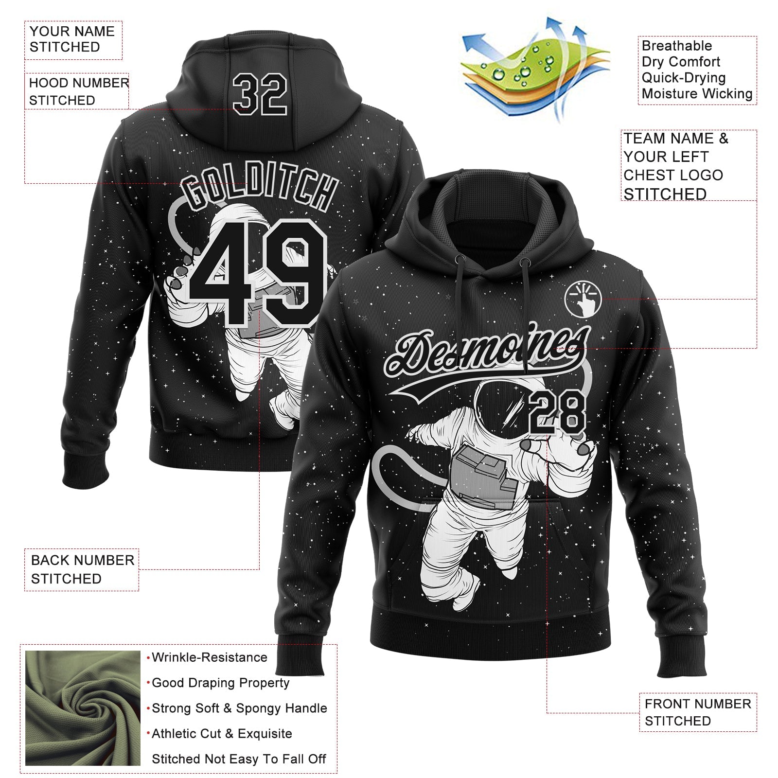 Custom Stitched Black White Astronaut Sports Pullover Sweatshirt Hoodie view 4