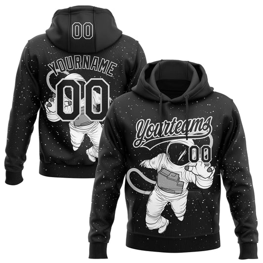 Custom Stitched Black White Astronaut Sports Pullover Sweatshirt Hoodie - Main View