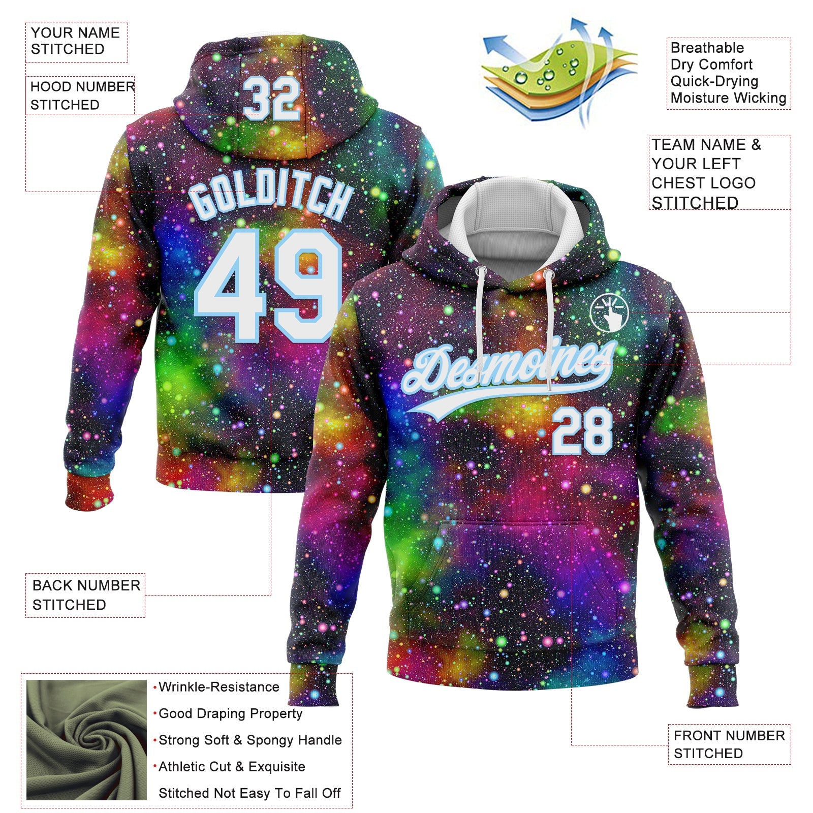 Custom Stitched Black White-Light Blue Galactic Sports Pullover Sweatshirt Hoodie view 4