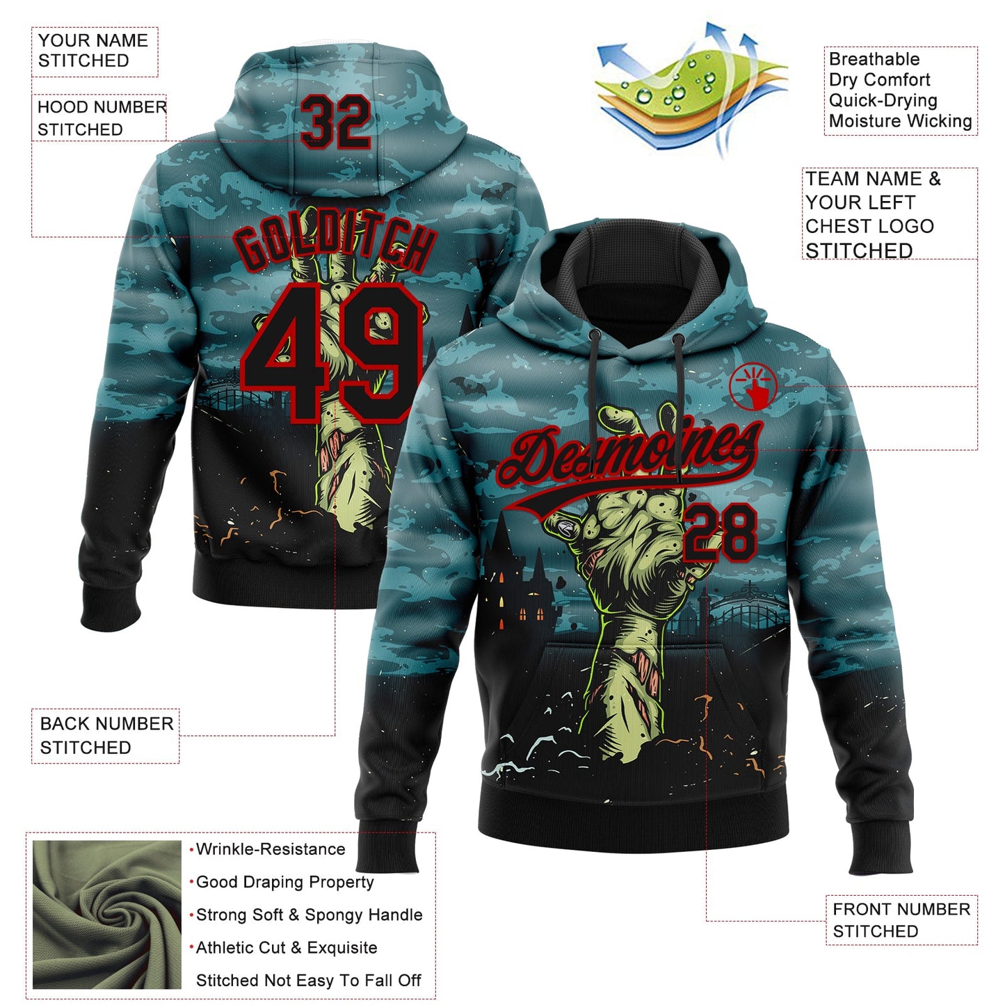Custom Stitched Green Black-Red Halloween Horror Night Trick Treat Sports Pullover Sweatshirt Hoodie view 4