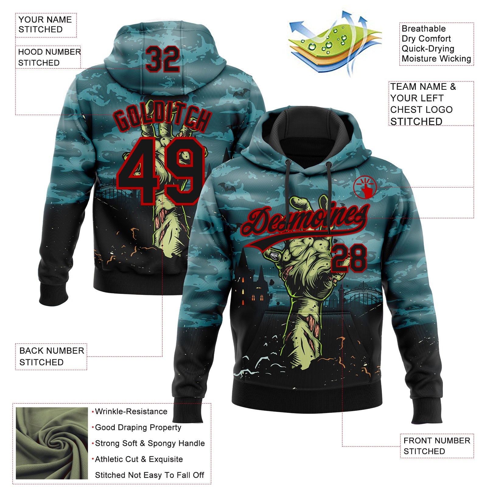 Custom Stitched Green Black-Red Halloween Horror Night Trick Treat Sports Pullover Sweatshirt Hoodie view 4