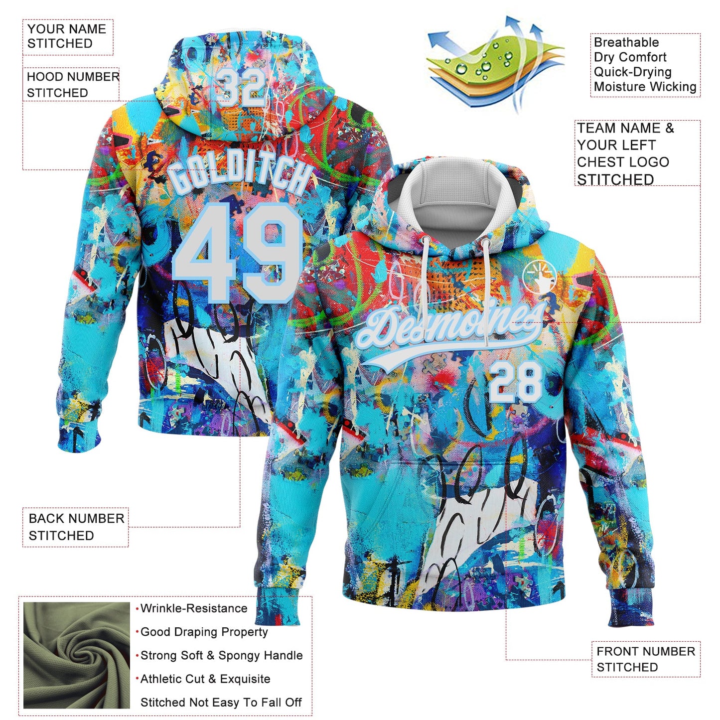 Custom Stitched Graffiti Pattern White-Light Blue Abstract Splash Sports Pullover Sweatshirt Hoodie view 4