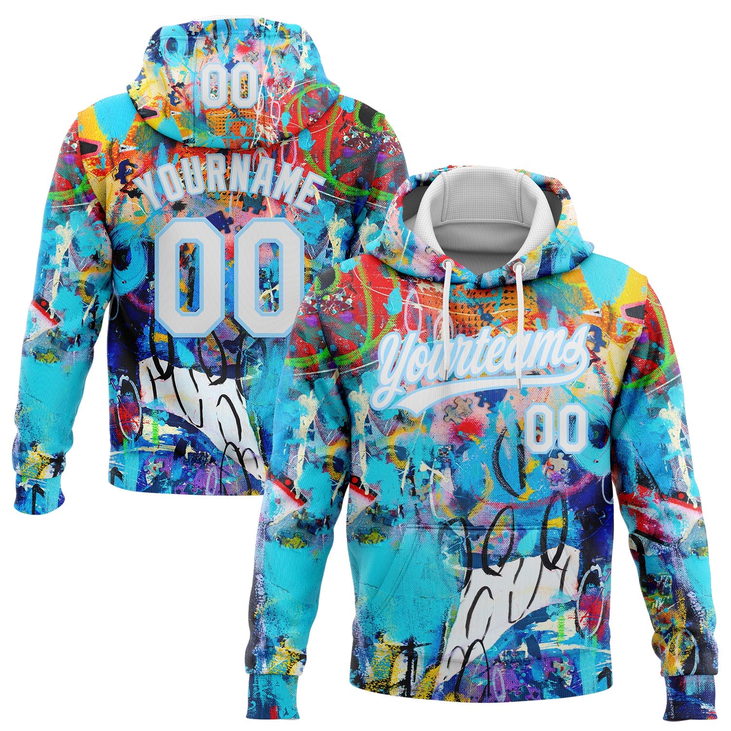 Custom Stitched Graffiti Pattern White-Light Blue Abstract Splash Sports Pullover Sweatshirt Hoodie - Main View