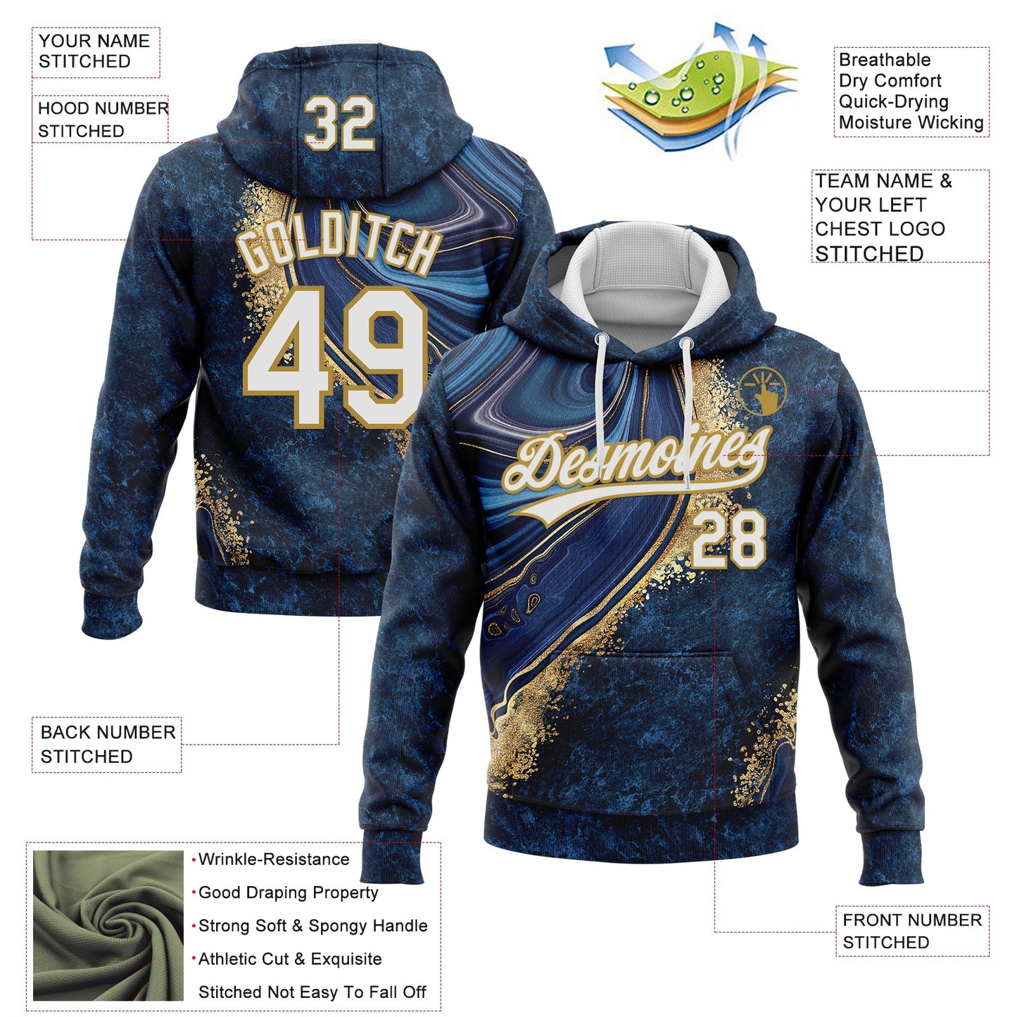 Custom Stitched Navy White-Old Gold Abstract Marble Sports Pullover Sweatshirt Hoodie view 4