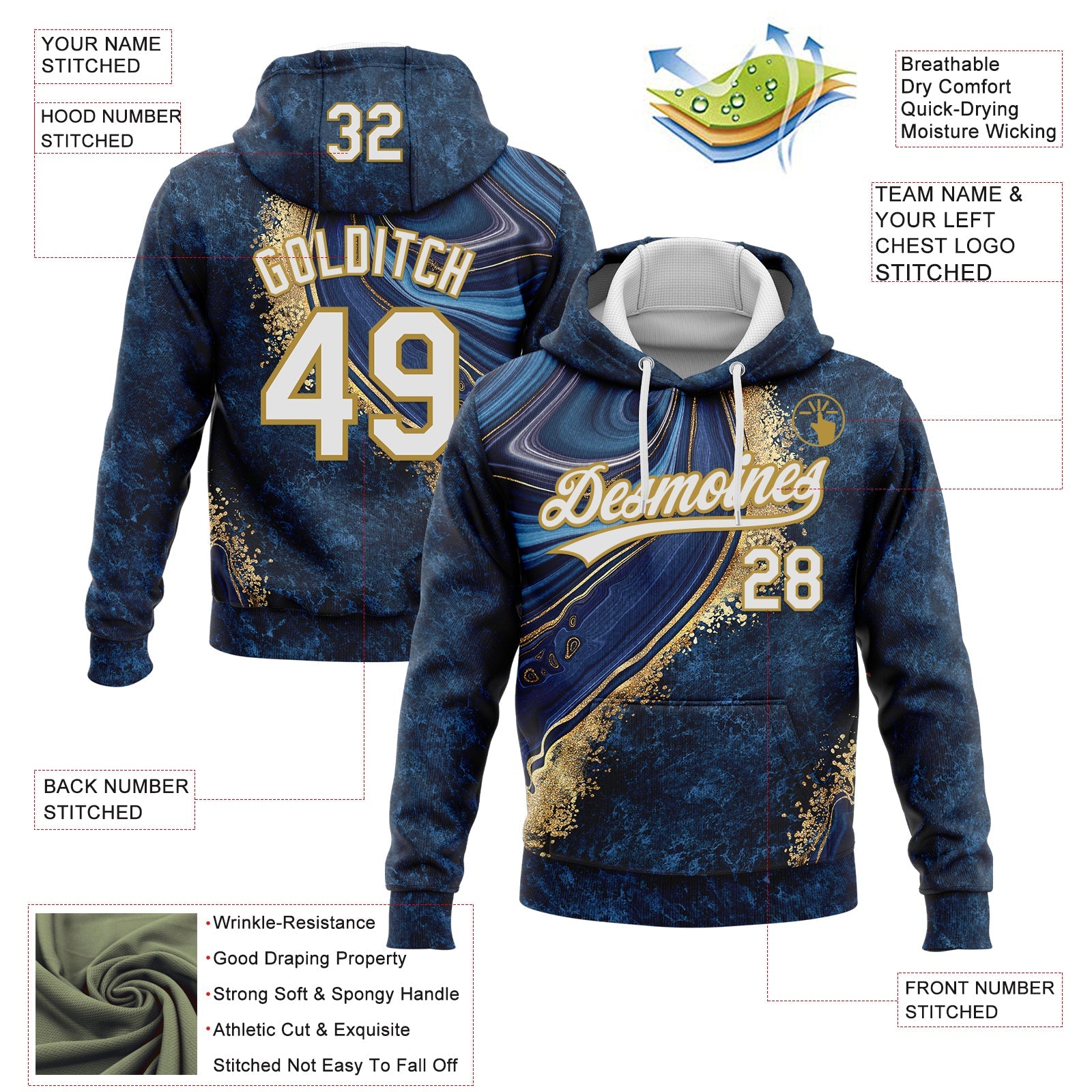 Custom Stitched Navy White-Old Gold Abstract Marble Sports Pullover Sweatshirt Hoodie view 4