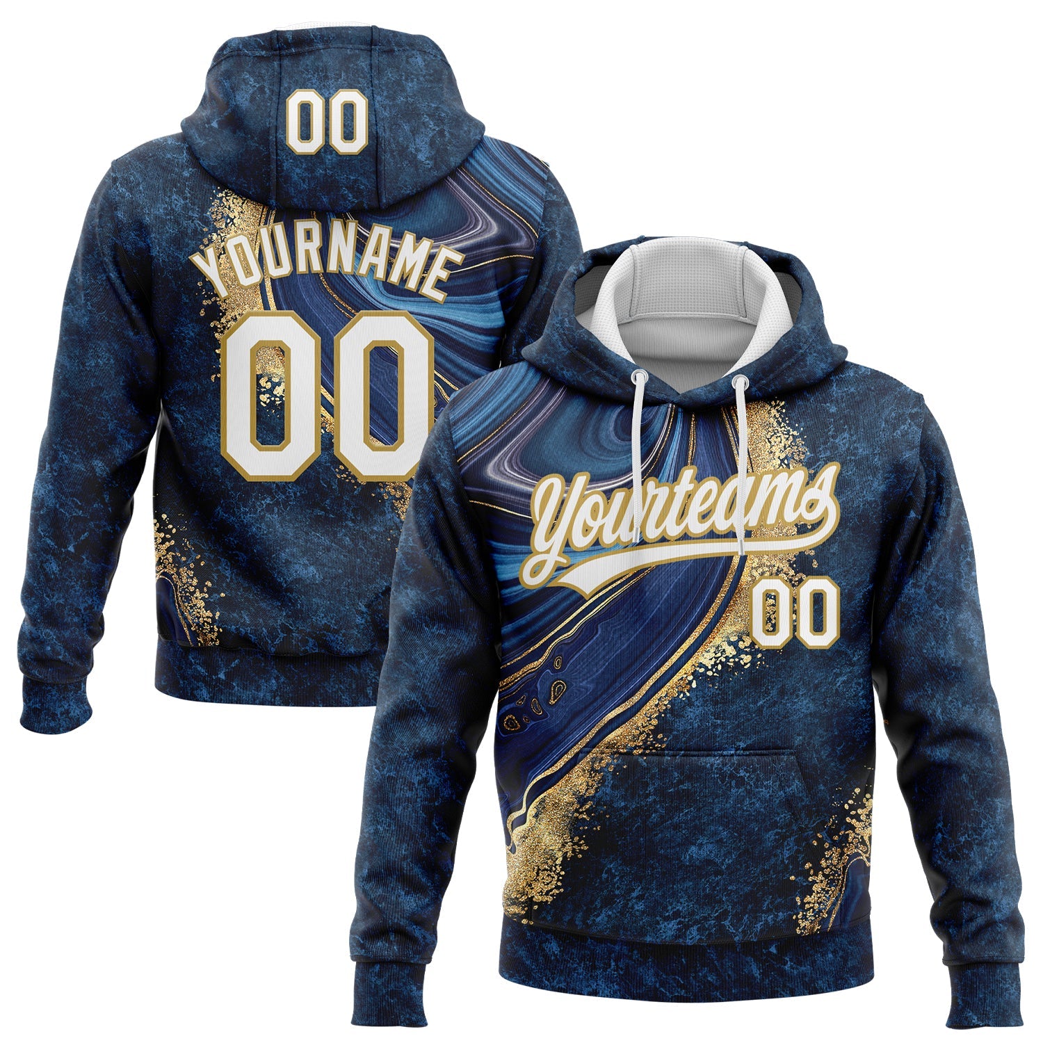 Custom Stitched Navy White-Old Gold Abstract Marble Sports Pullover Sweatshirt Hoodie - Main View