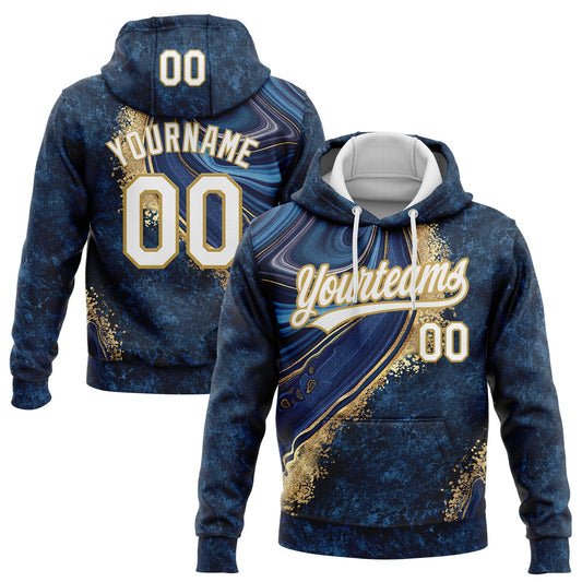 Custom Stitched Navy White-Old Gold Abstract Marble Sports Pullover Sweatshirt Hoodie - Main View