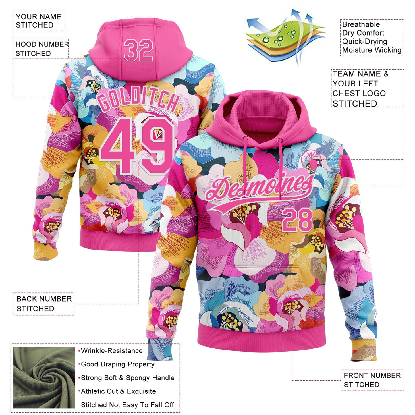 Custom Stitched Pink White Flowers Sports Pullover Sweatshirt Hoodie view 4
