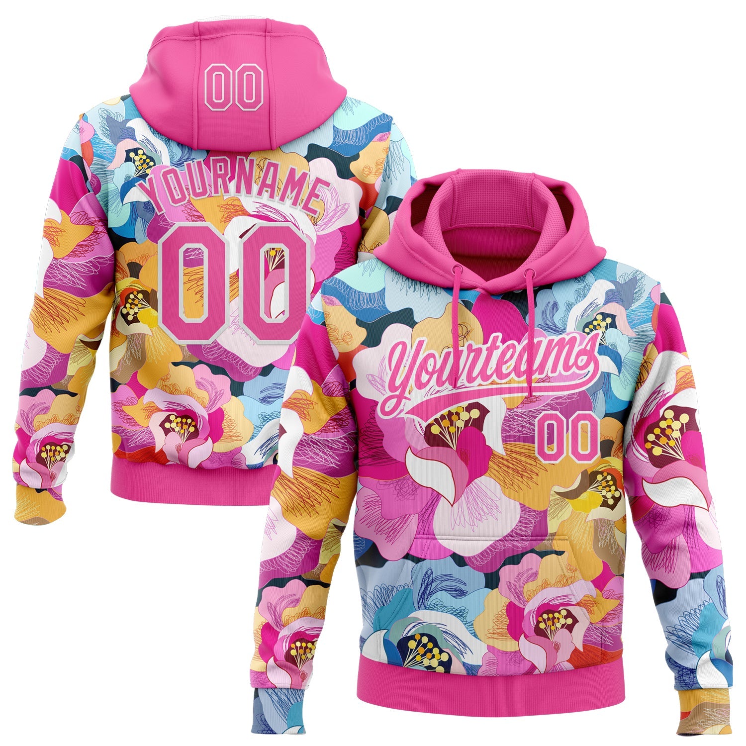 Custom Stitched Pink White Flowers Sports Pullover Sweatshirt Hoodie - Main View
