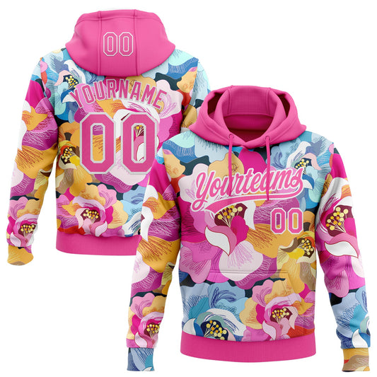 Custom Stitched Pink White Flowers Sports Pullover Sweatshirt Hoodie - Main View