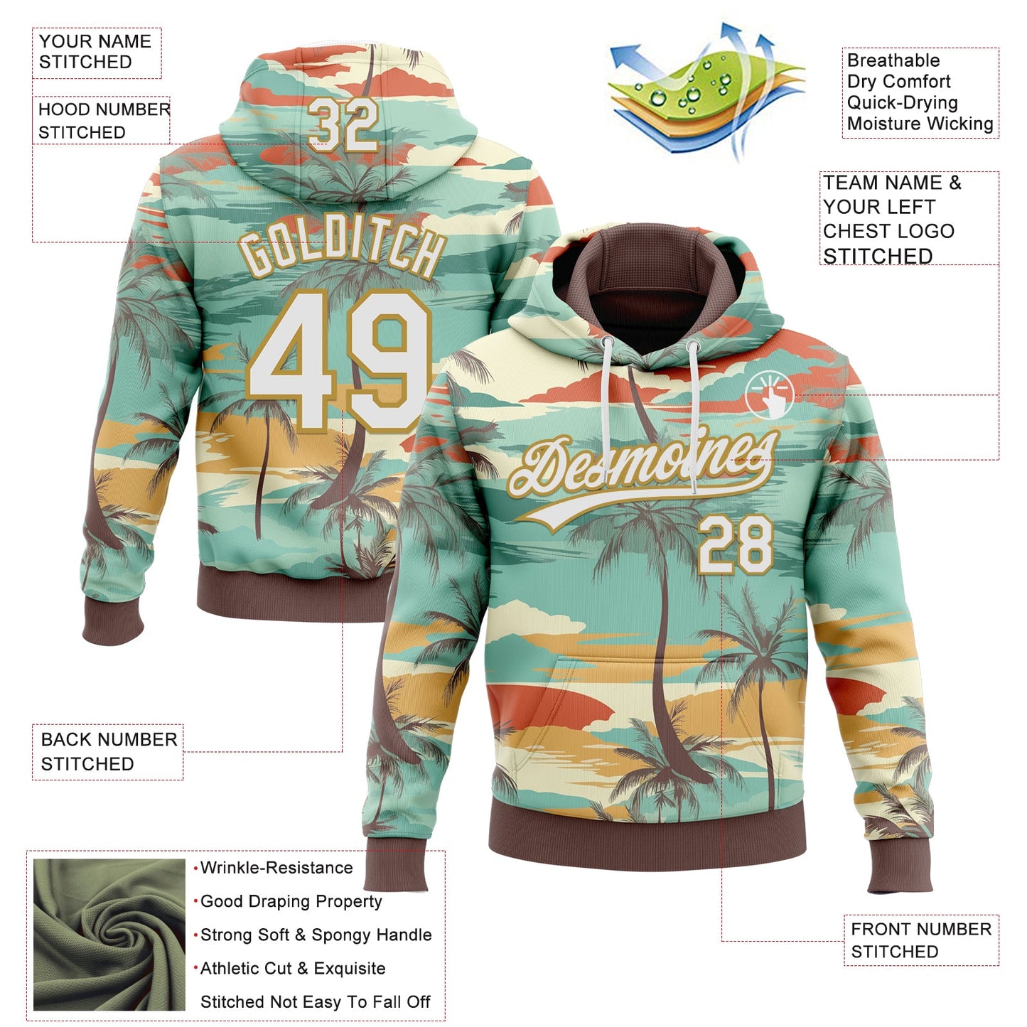 Custom Stitched Green White Brown-Old Gold Cartoon Hawaii Palm Trees Sports Pullover Sweatshirt Hoodie view 4