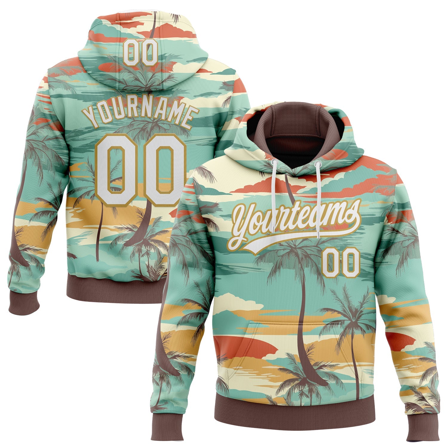 Custom Stitched Green White Brown-Old Gold Cartoon Hawaii Palm Trees Sports Pullover Sweatshirt Hoodie - Main View