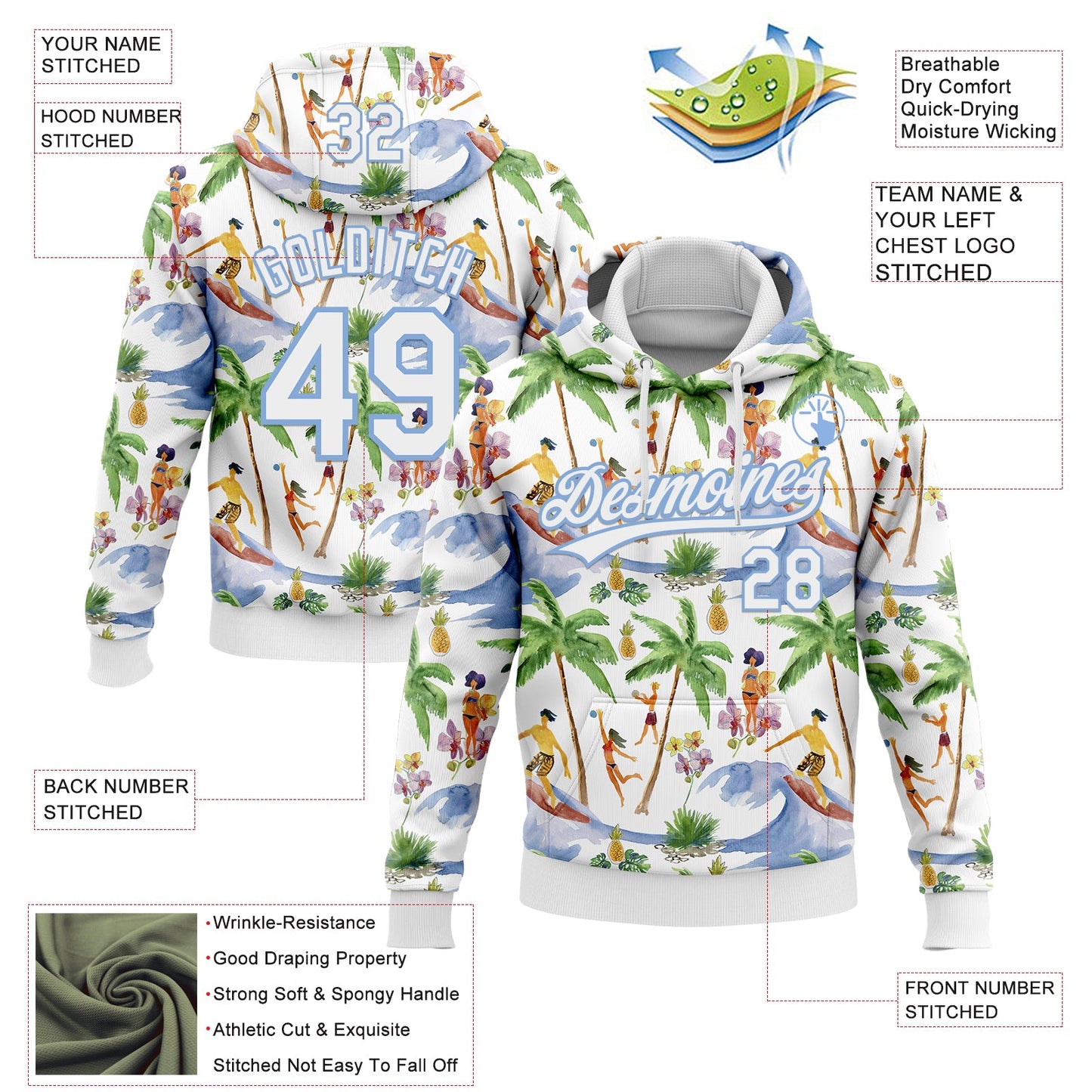 Custom Stitched White Light Blue Hawaii Palm Trees Sports Pullover Sweatshirt Hoodie view 4
